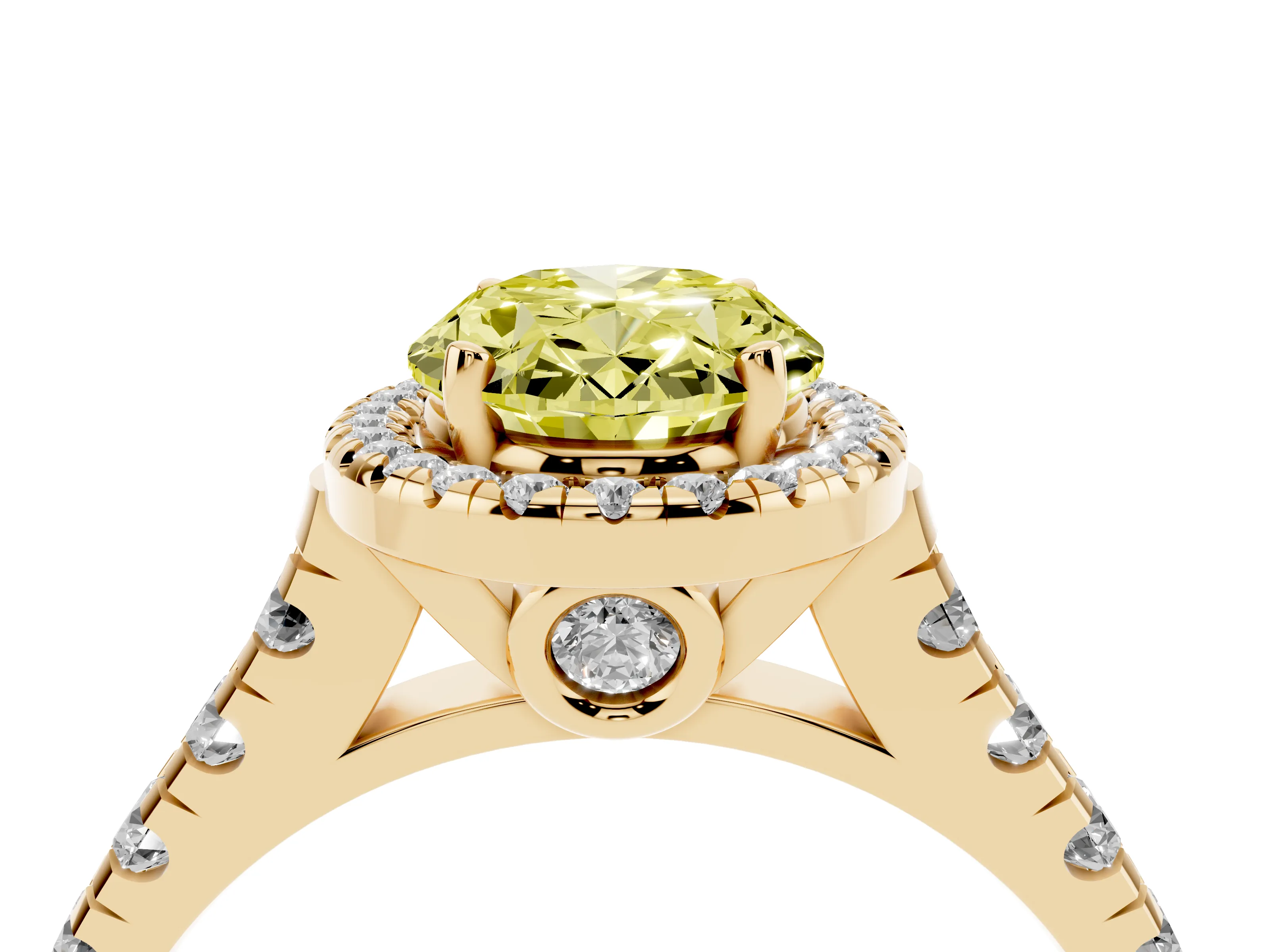 Fancy Yellow Oval Cut Diamond Halo Engagement Ring Set in Yellow gold with Pavé Band and Prong-Set Center
