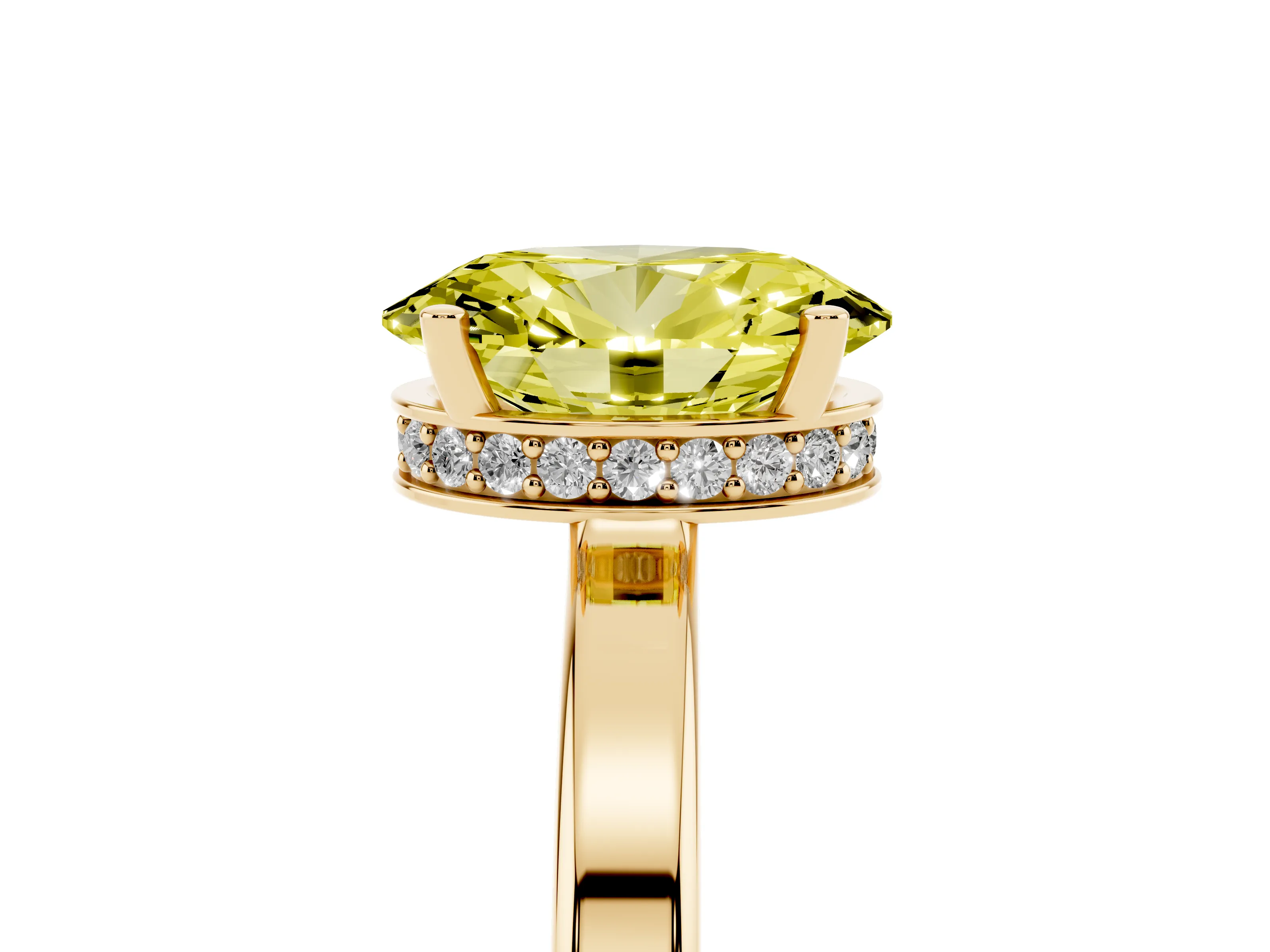 Fancy Yellow Oval Cut Diamond Solitaire Engagement Ring Set in Yellow gold with Prong Setting on a Plain Band