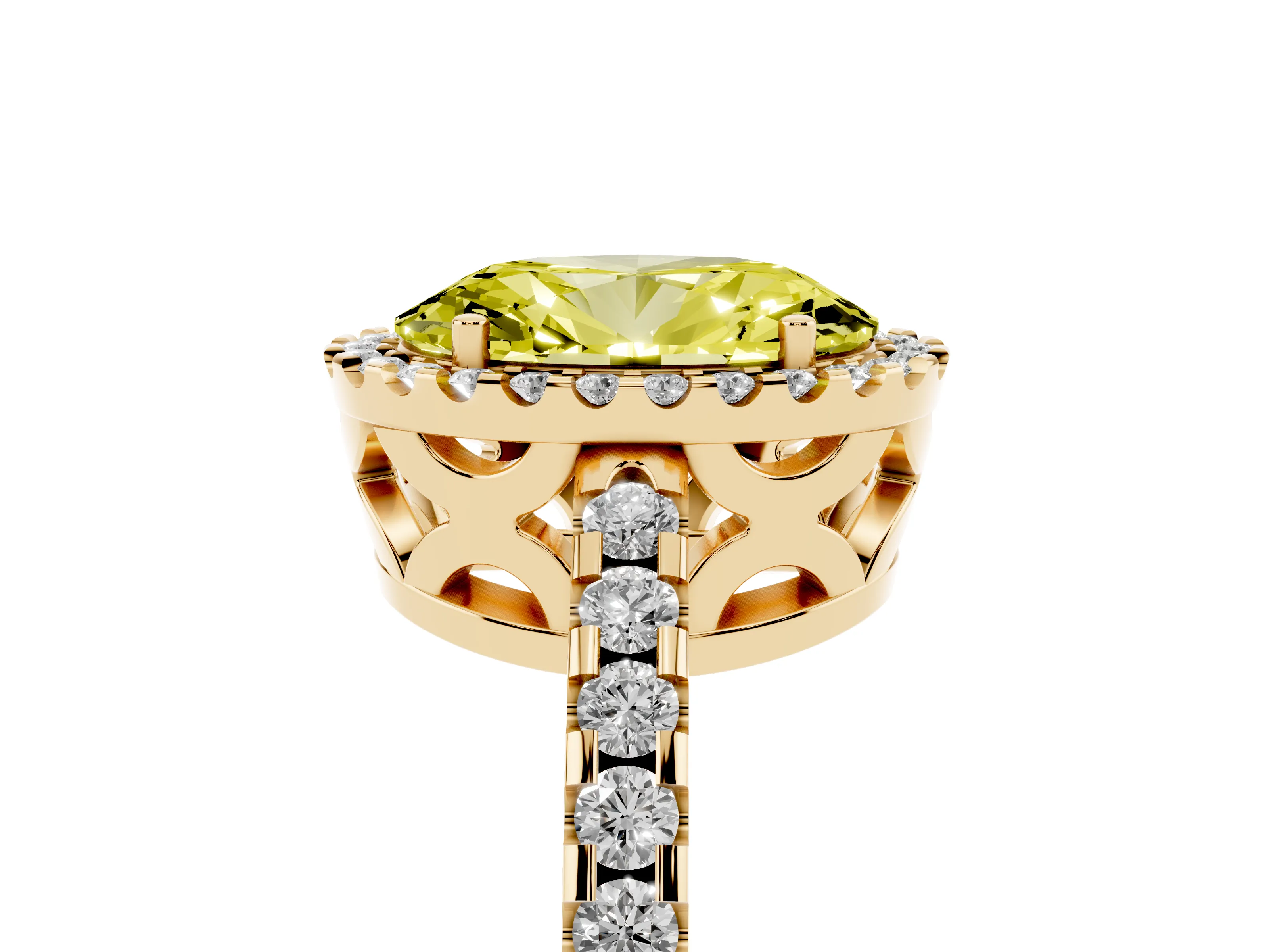 Fancy Yellow Oval Cut Diamond Halo Ring Set in Yellow gold with Pavé Shoulders and Halo-Framed Center
