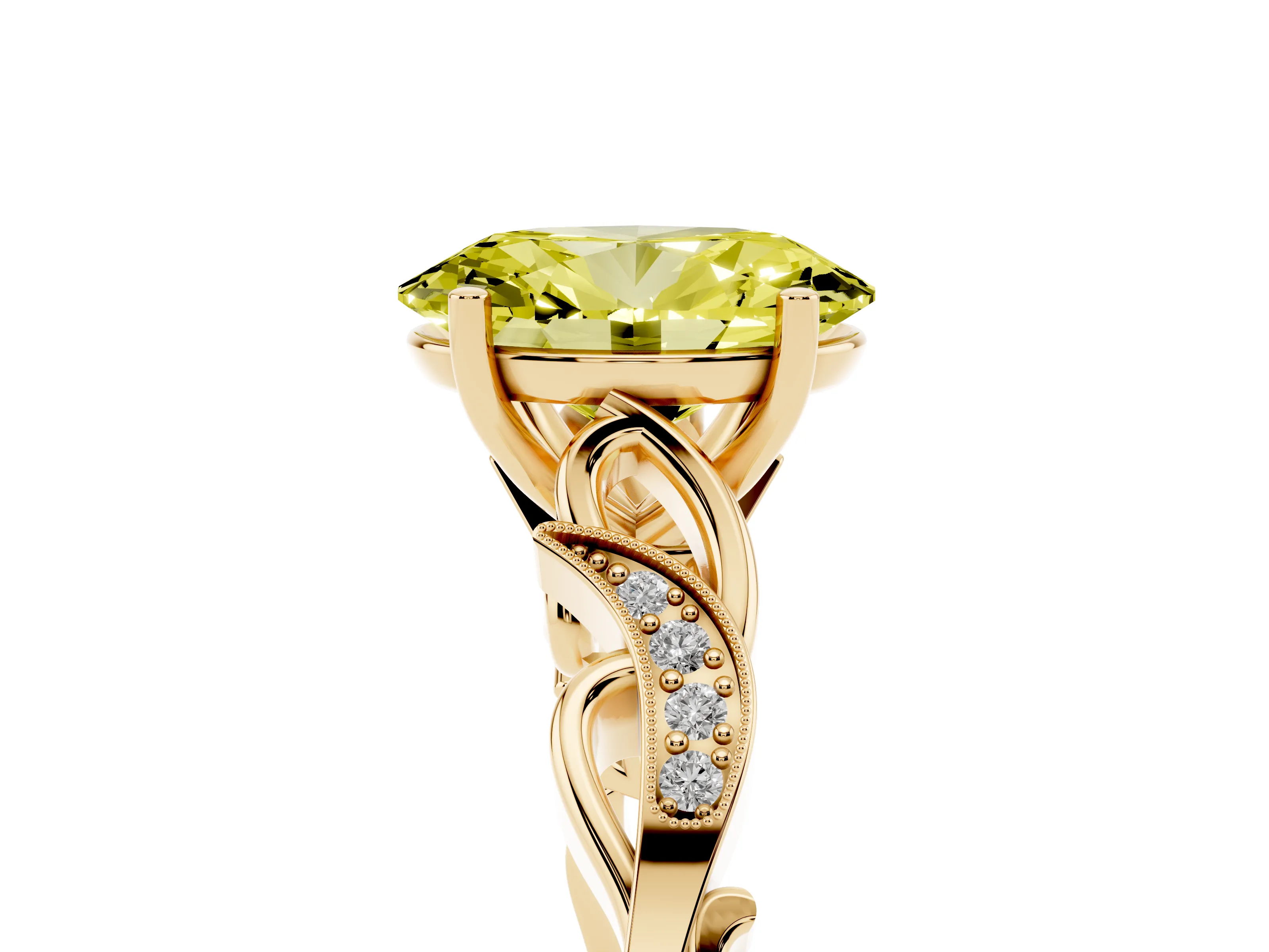 Fancy Yellow Oval Cut Diamond Vine Band Solitaire Ring Set in Yellow gold with Milgrain Prong Setting