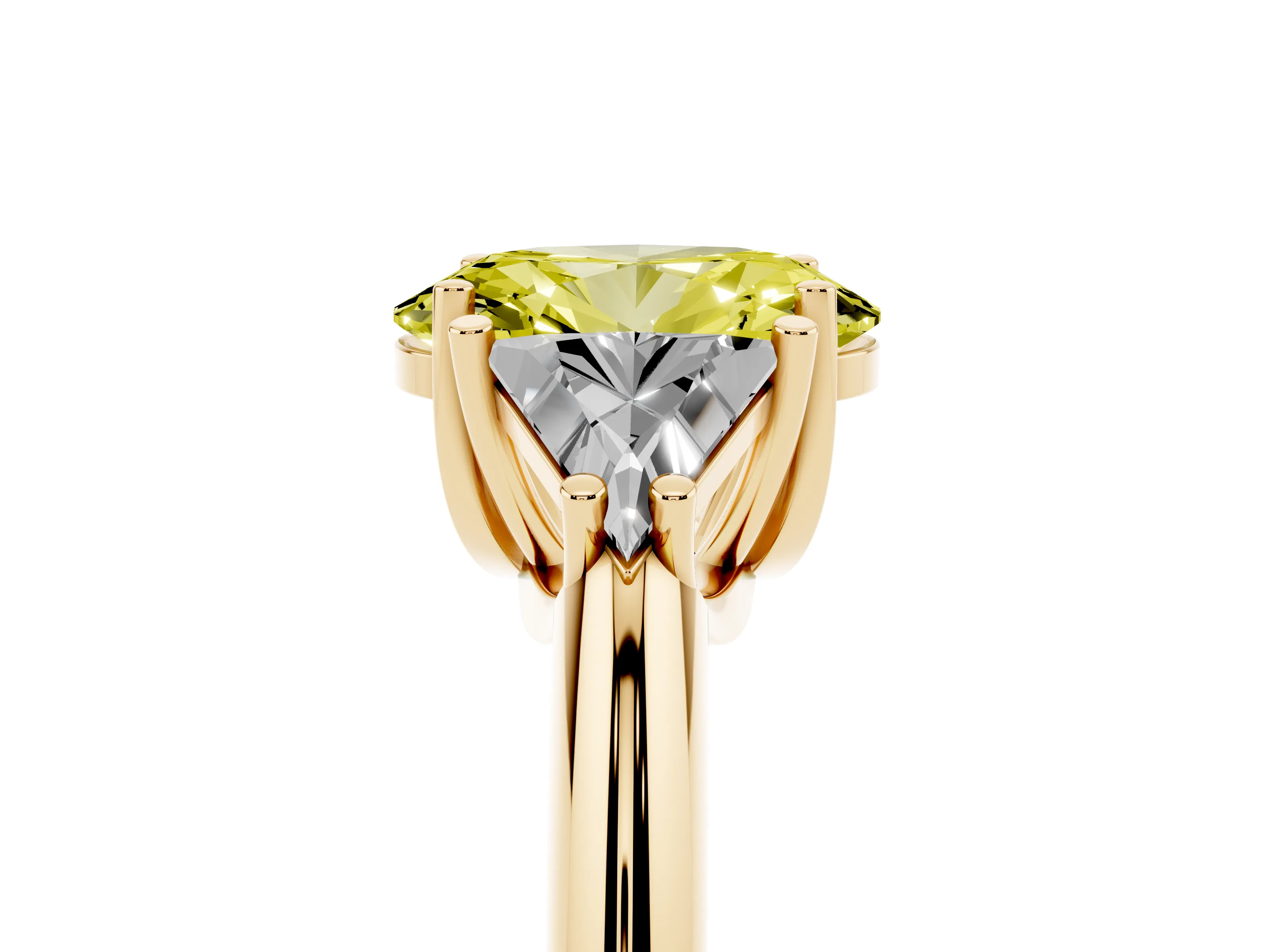 Fancy Yellow Oval Cut Diamond Three-Stone Engagement Ring Set in Yellow gold with Trillion Side Stones