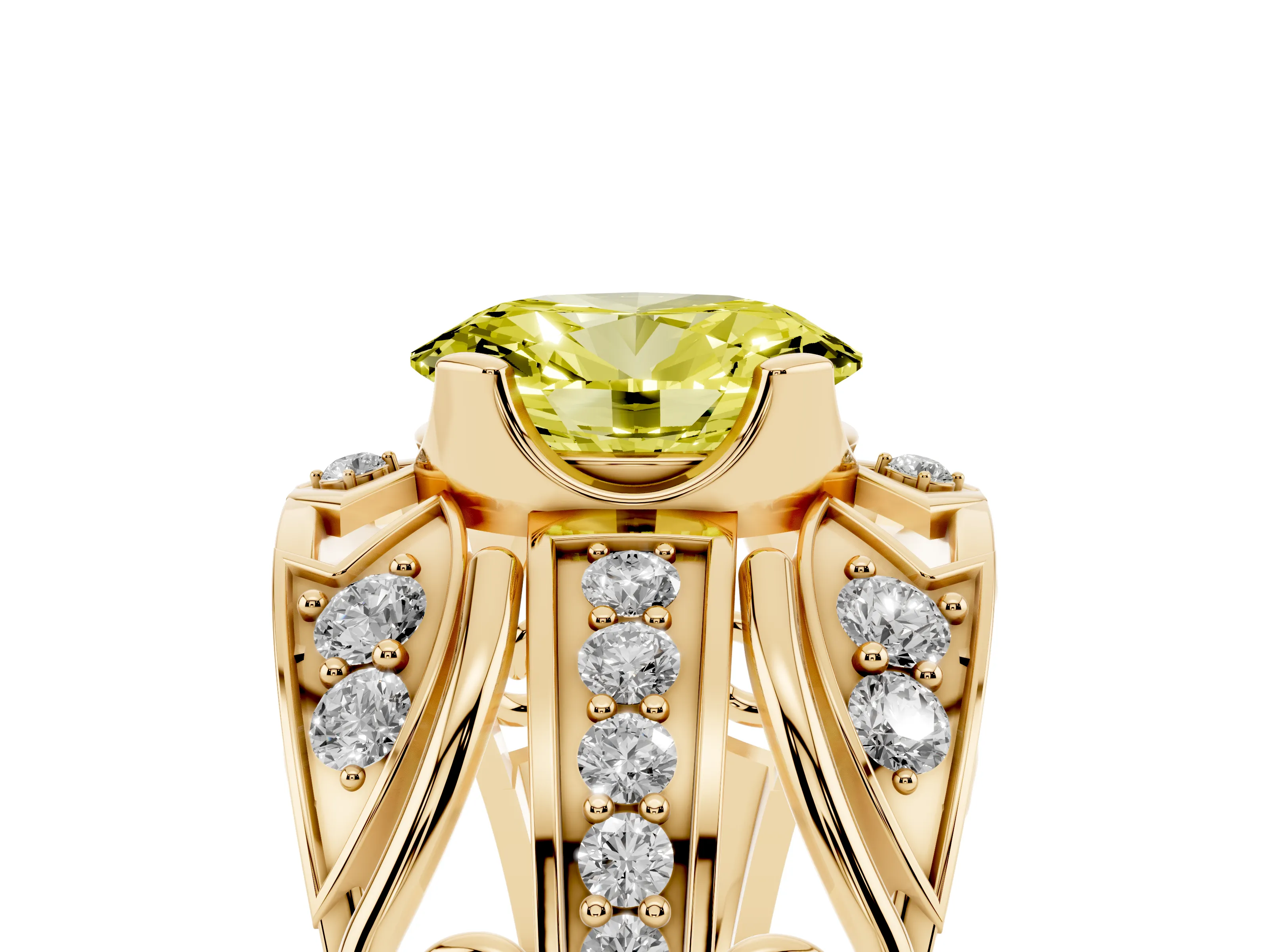 Fancy Yellow Oval Cut Diamond Art Deco Ring Set in Yellow gold with Pavé Split Shank