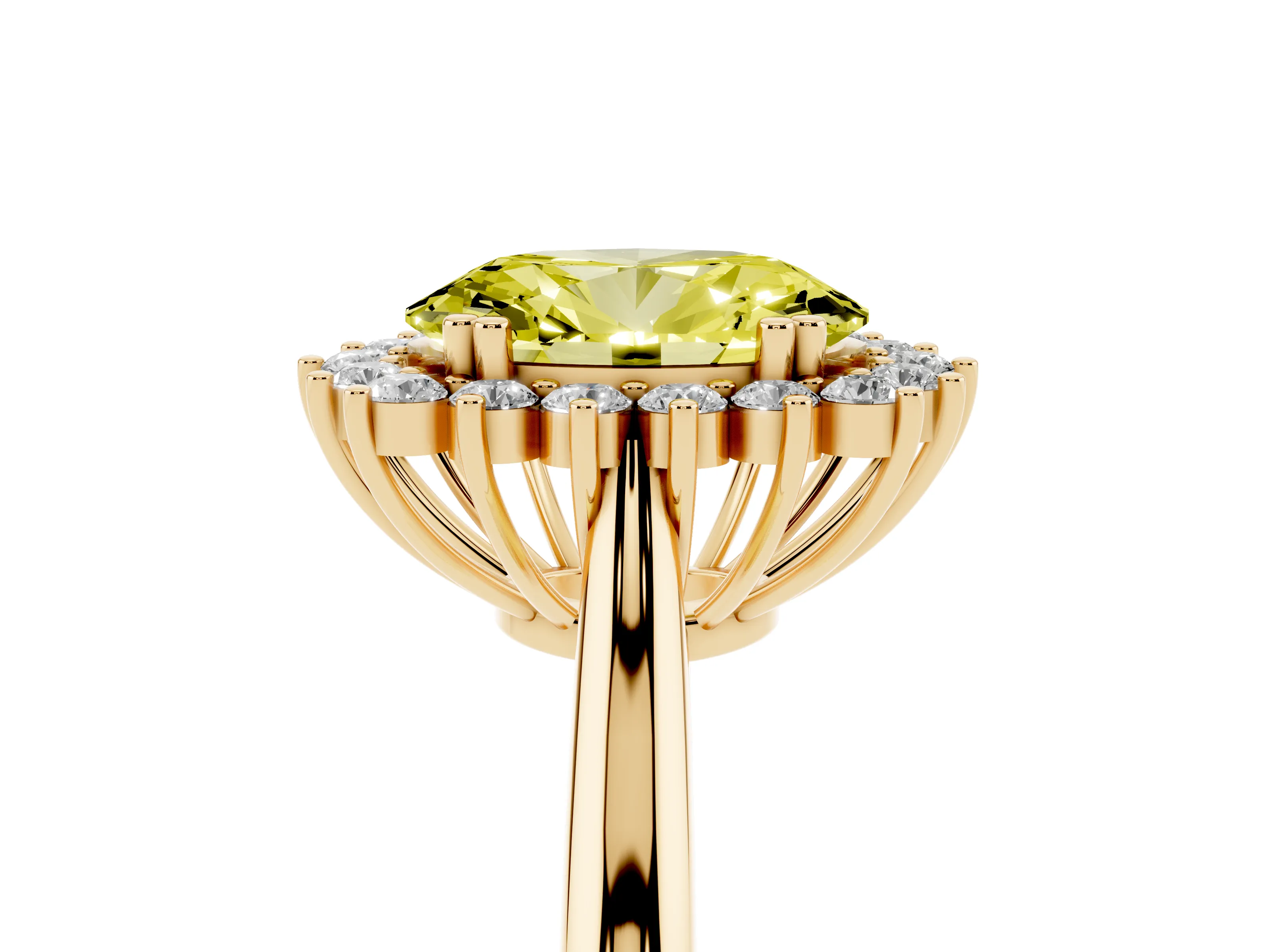 Fancy Yellow Oval Cut Diamond Halo Ring Set in Yellow gold with Plain Solitaire Band and Prong Setting