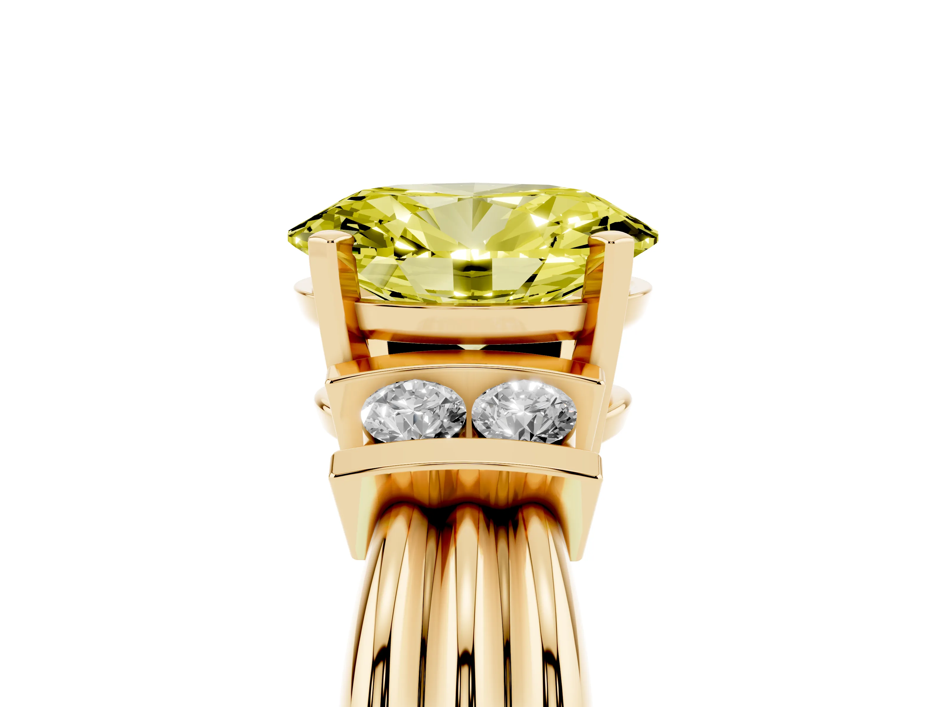 Fancy Yellow Three-Stone Oval Cut Diamond Channel Set Ring Set in Yellow gold with Bar Prongs
