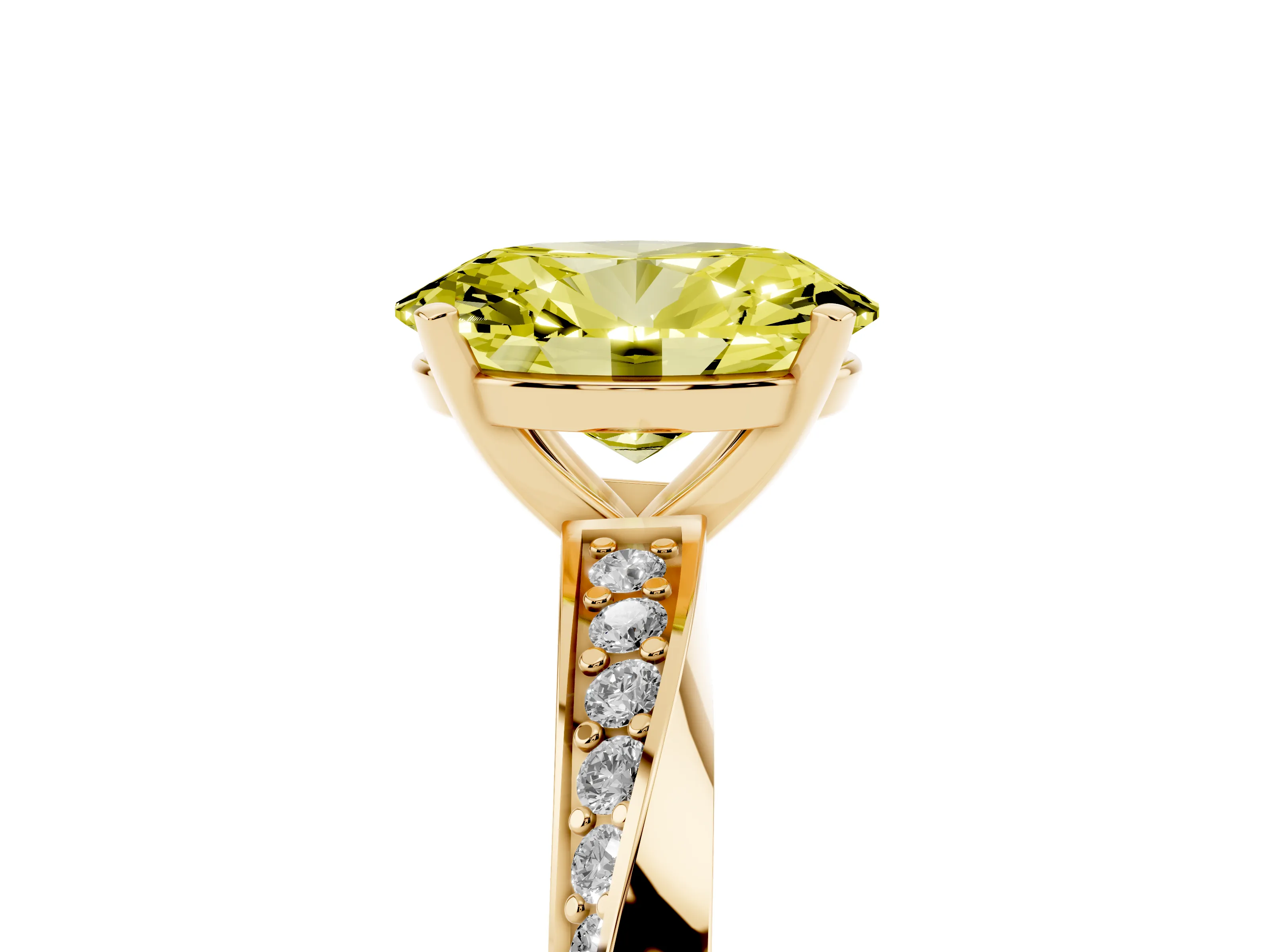 Fancy Yellow Oval Cut Diamond Engagement Ring Set in Yellow gold with Side Stone Accents and Prong Setting