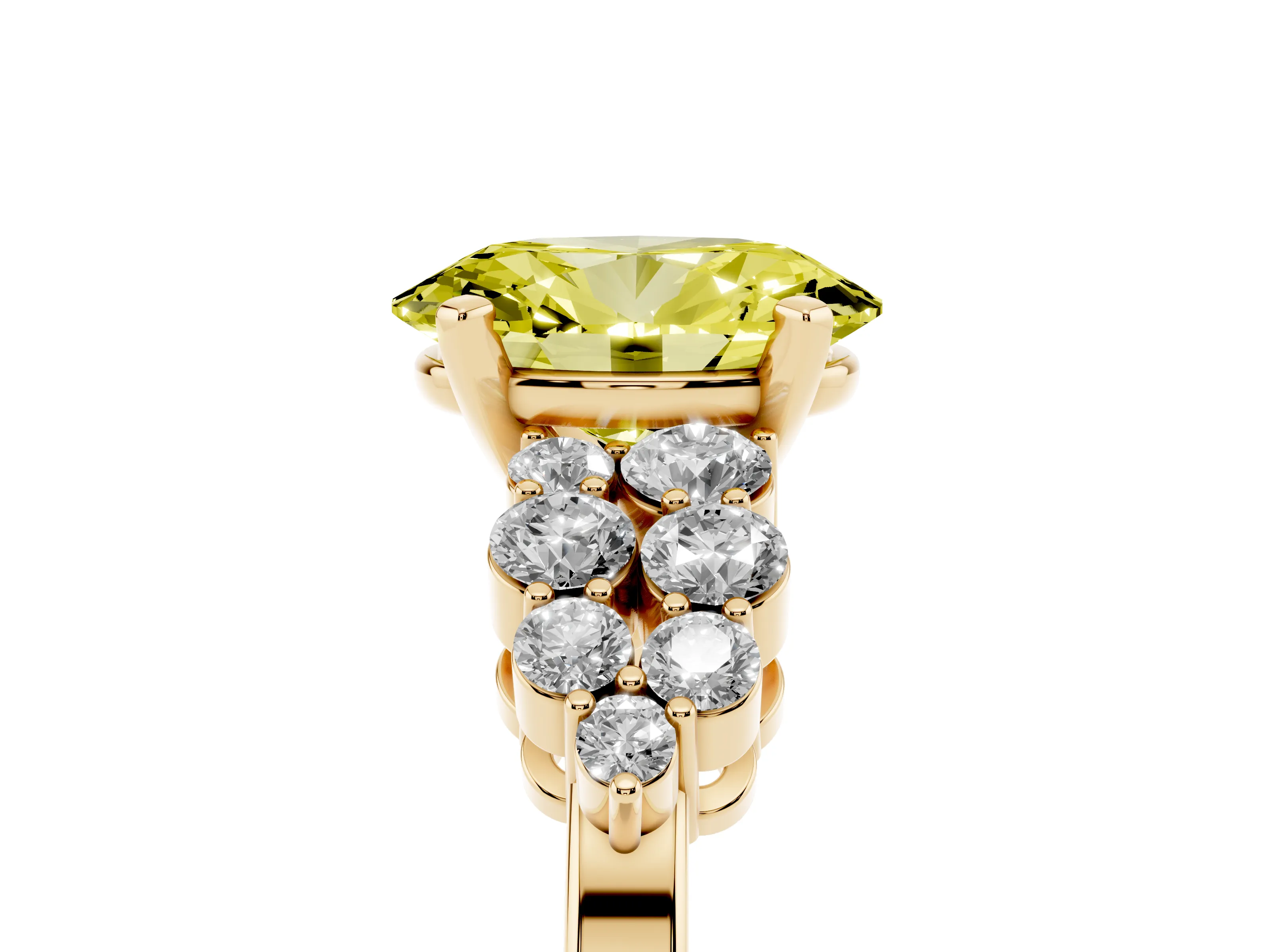 Fancy Yellow Oval Cut Diamond Cluster Engagement Ring Set in Yellow gold with Pavé Band and Prong Setting
