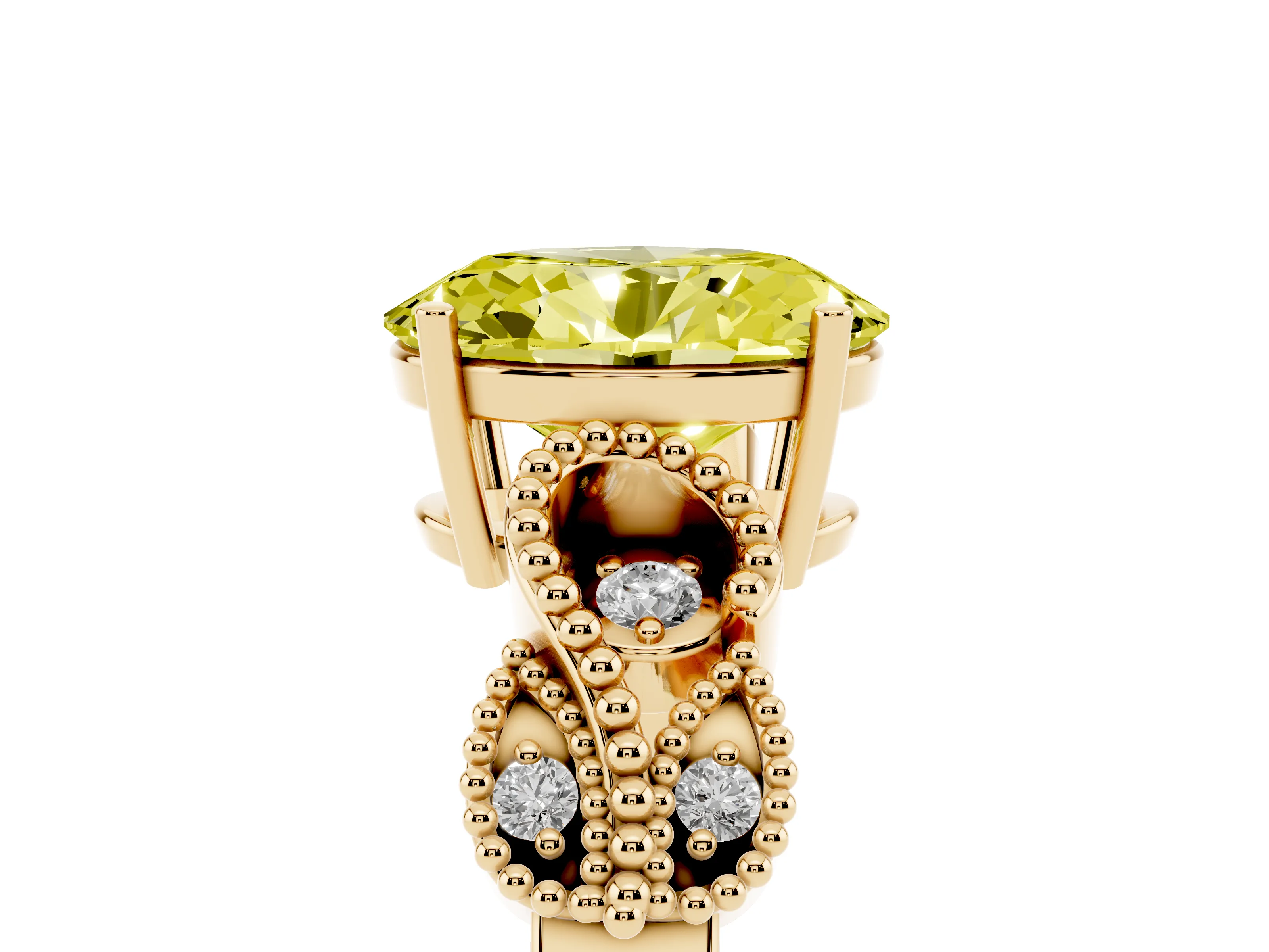 Fancy Yellow Oval Cut Diamond Milgrain Leaf Band Solitaire Ring Set in Yellow gold with Accent Stones and Prong Setting
