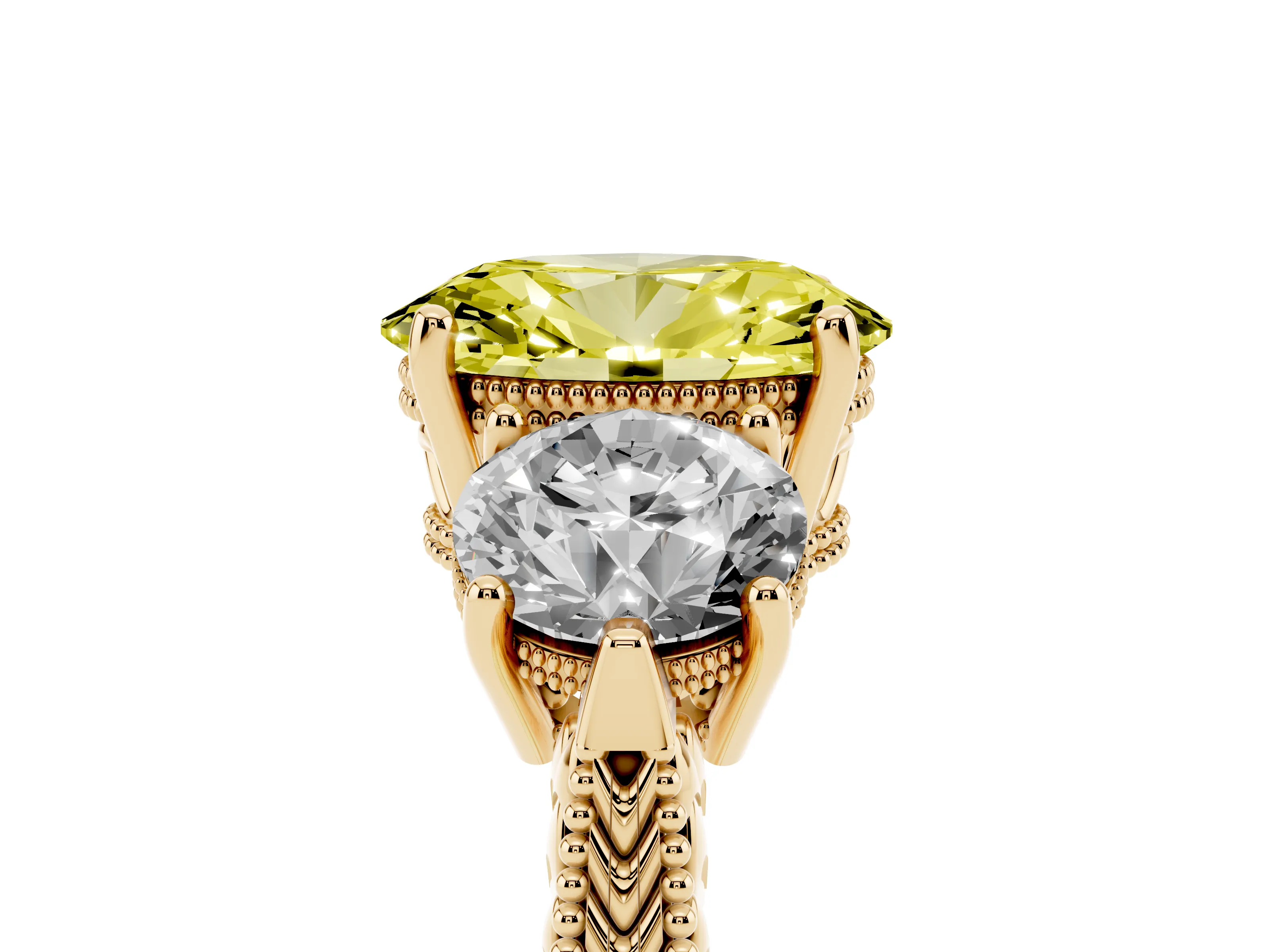 Fancy Yellow Oval Cut Diamond Three-Stone Ring Set in Yellow gold with Milgrain Band
