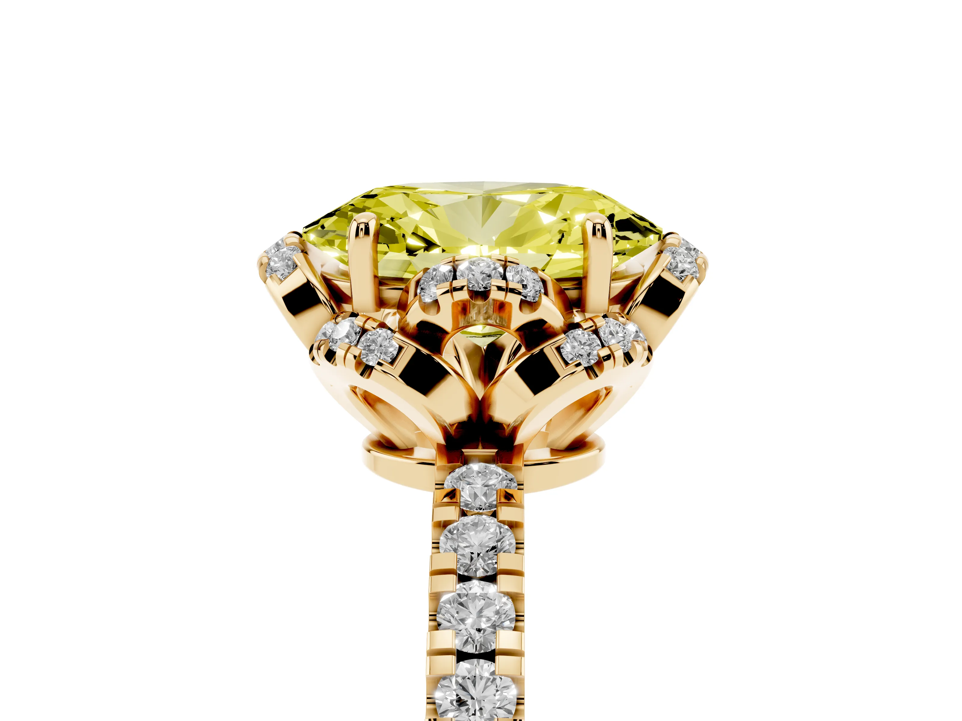 Fancy Yellow Oval Cut Diamond Halo Pavé Band Ring Set in Yellow gold with Prong-Held Center