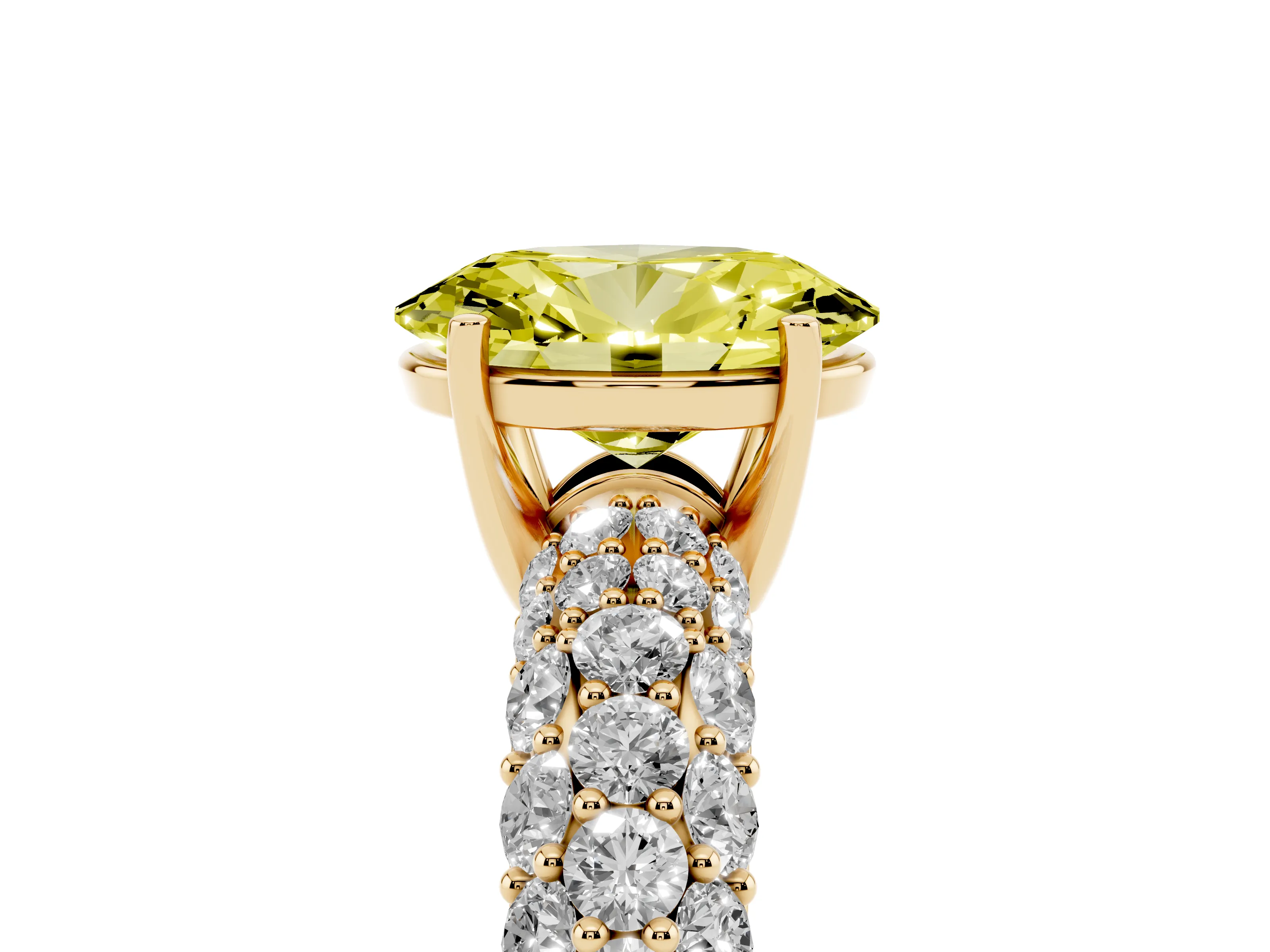 Fancy Yellow Oval Cut Diamond Pavé Band Solitaire Ring Set in Yellow gold with Close-Set Accent Stones and Prong Setting
