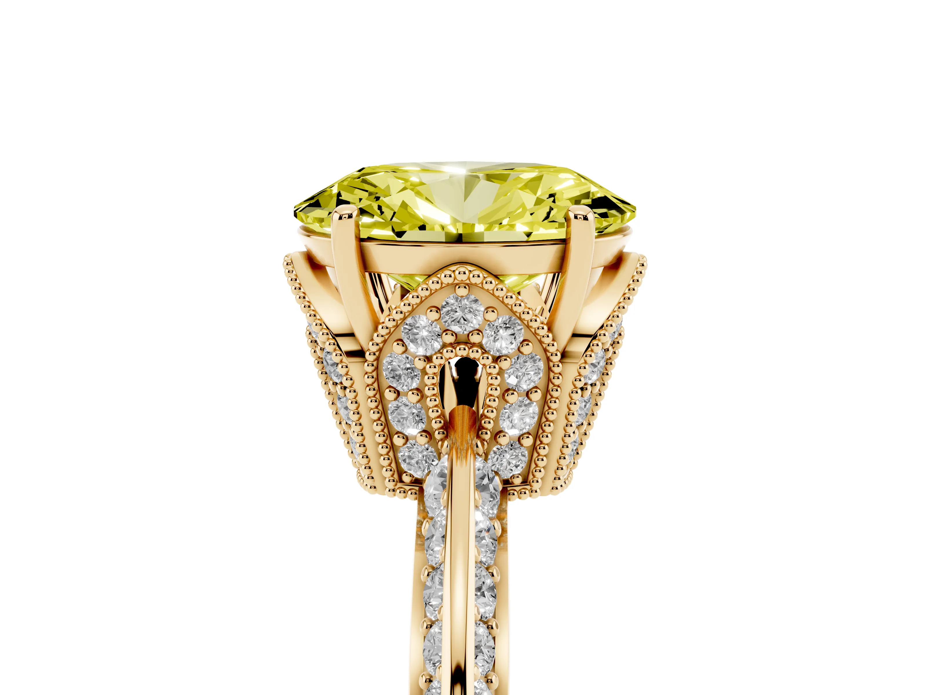Fancy Yellow Oval Cut Diamond Solitaire Engagement Ring Set in Yellow gold with Pavé Split Shank and Prong Setting