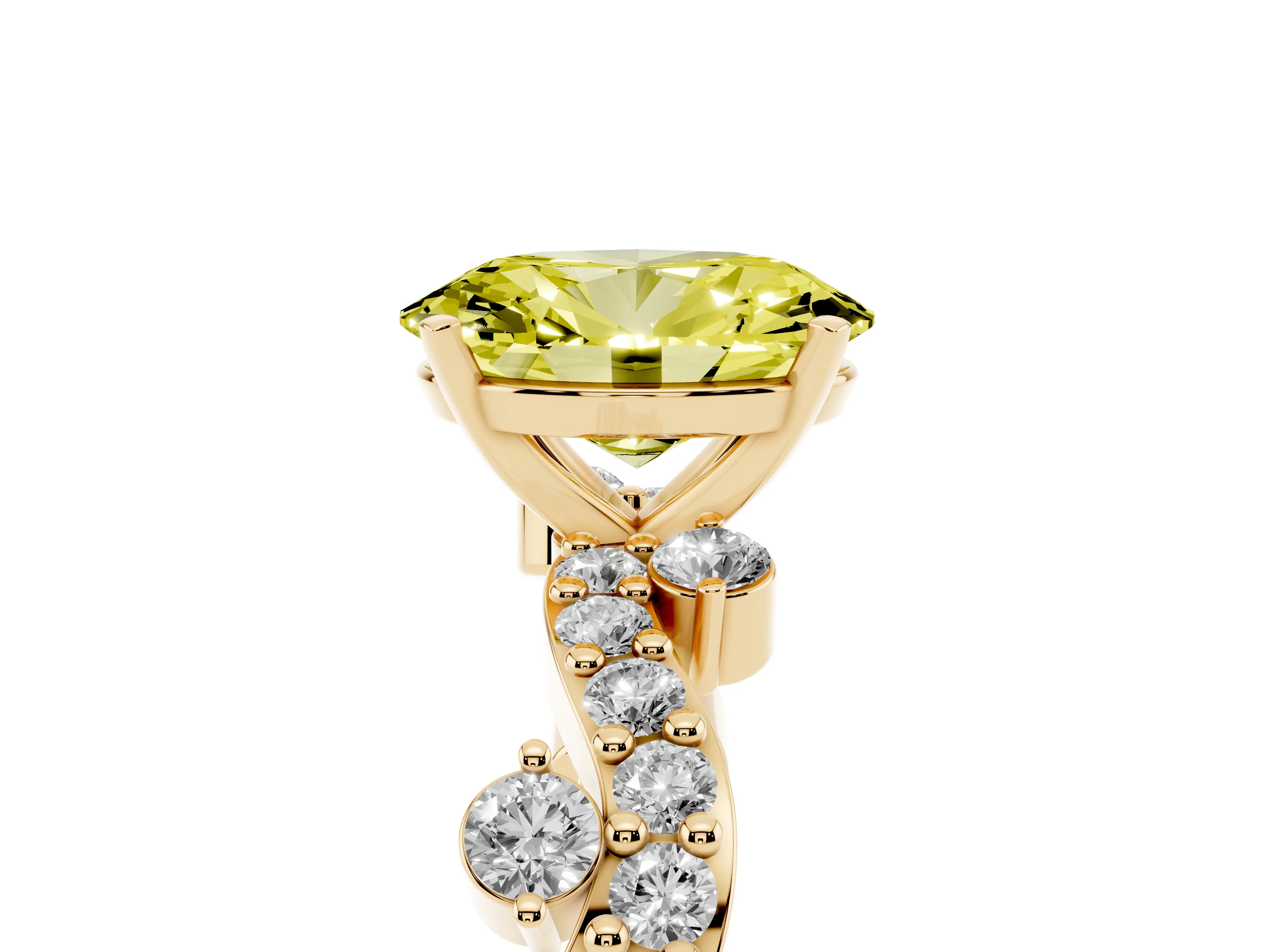 Fancy Yellow Oval Cut Diamond Solitaire Twisted Band Set in Yellow gold with Pavé Setting