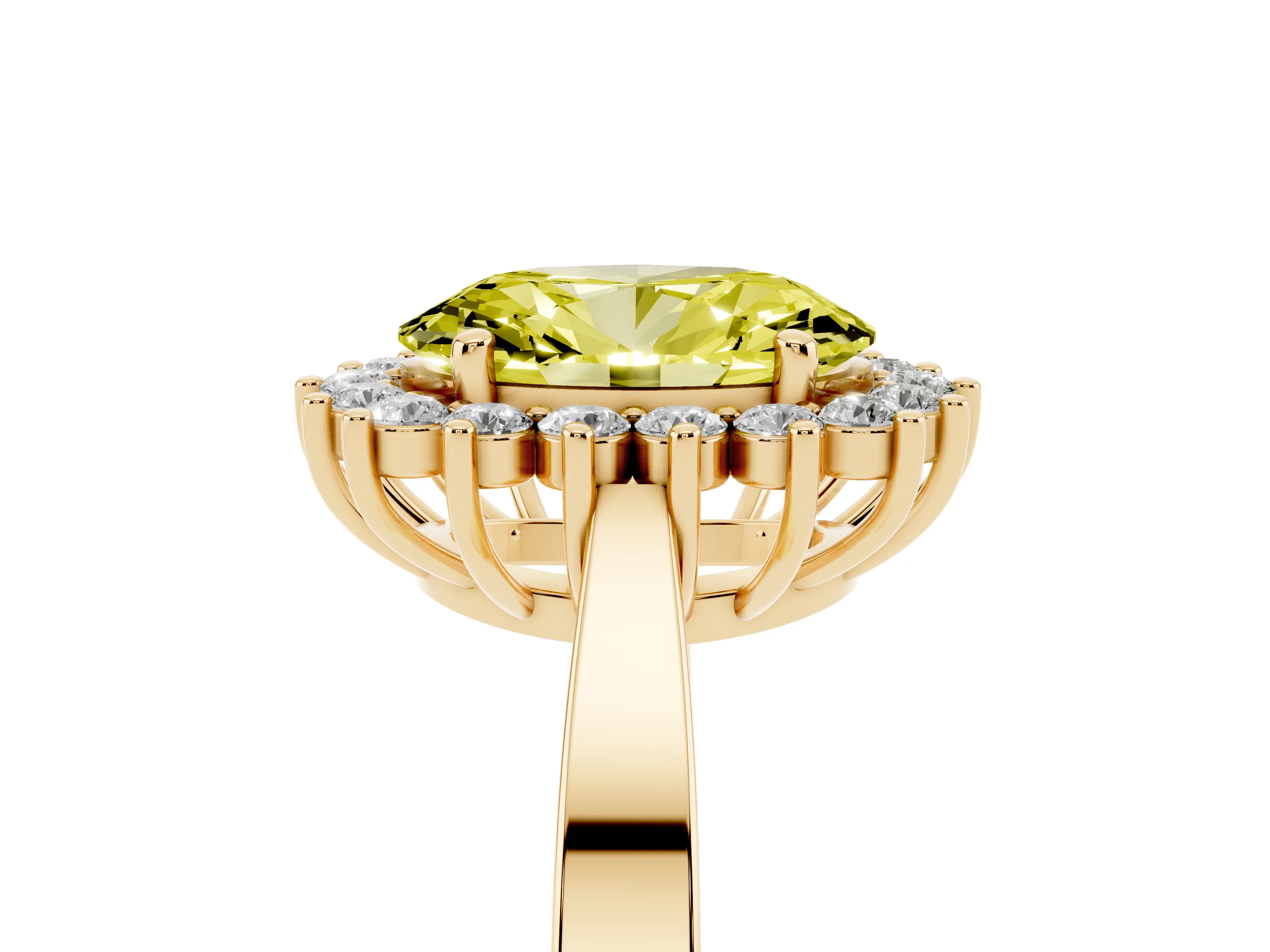 Fancy Yellow Oval Cut Diamond Halo Ring Set in Yellow gold with Round Halo and Smooth Solitaire Band