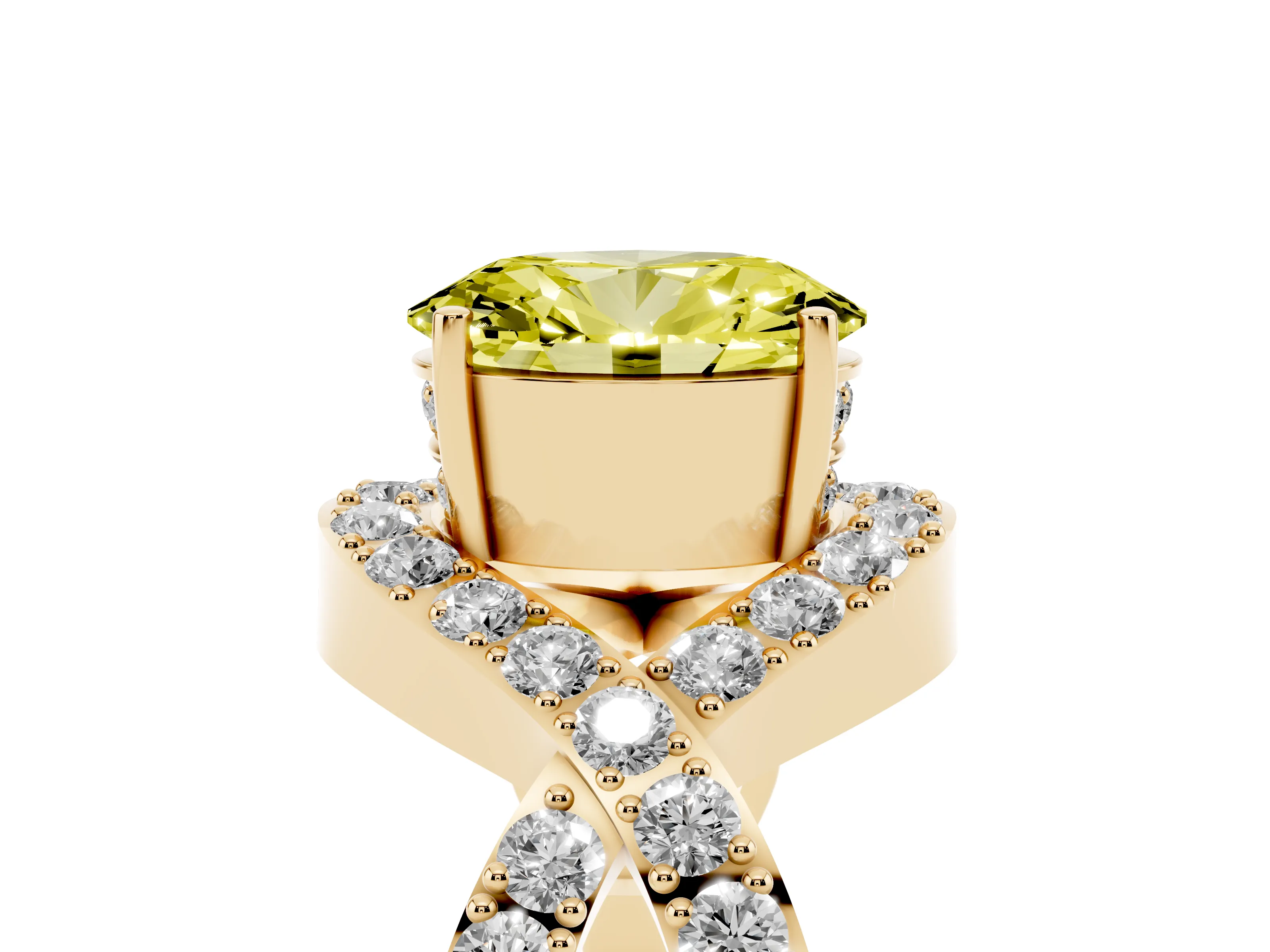 Fancy Yellow Oval Cut Diamond Solitaire Twist Band Pavé Engagement Ring Set in Yellow gold