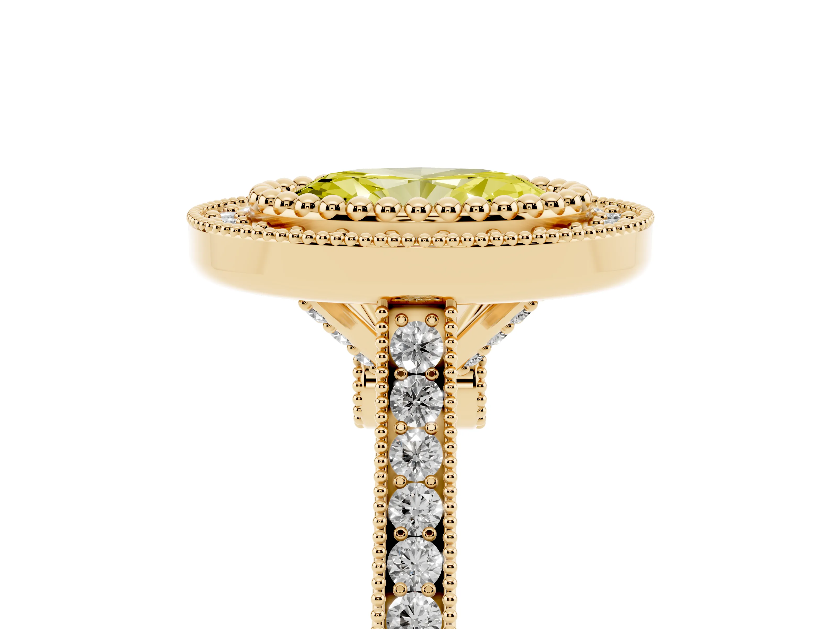 Fancy Yellow Oval Cut Diamond Halo Ring Set in Yellow gold with Milgrain Frame and Pavé Band
