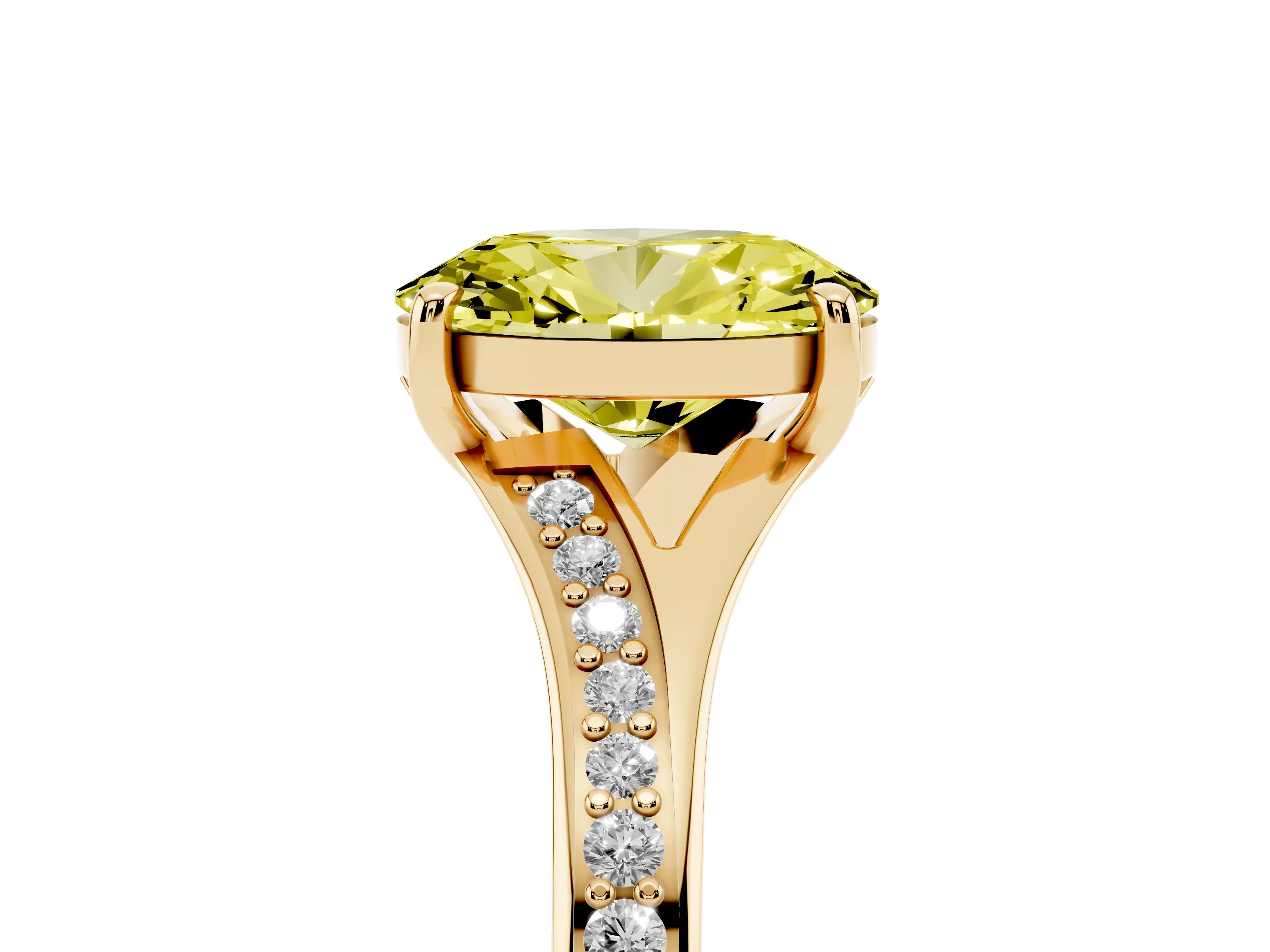 Fancy Yellow Oval Cut Diamond Solitaire Ring Set in Yellow gold with Pavé Accent Band and Classic Prong Setting