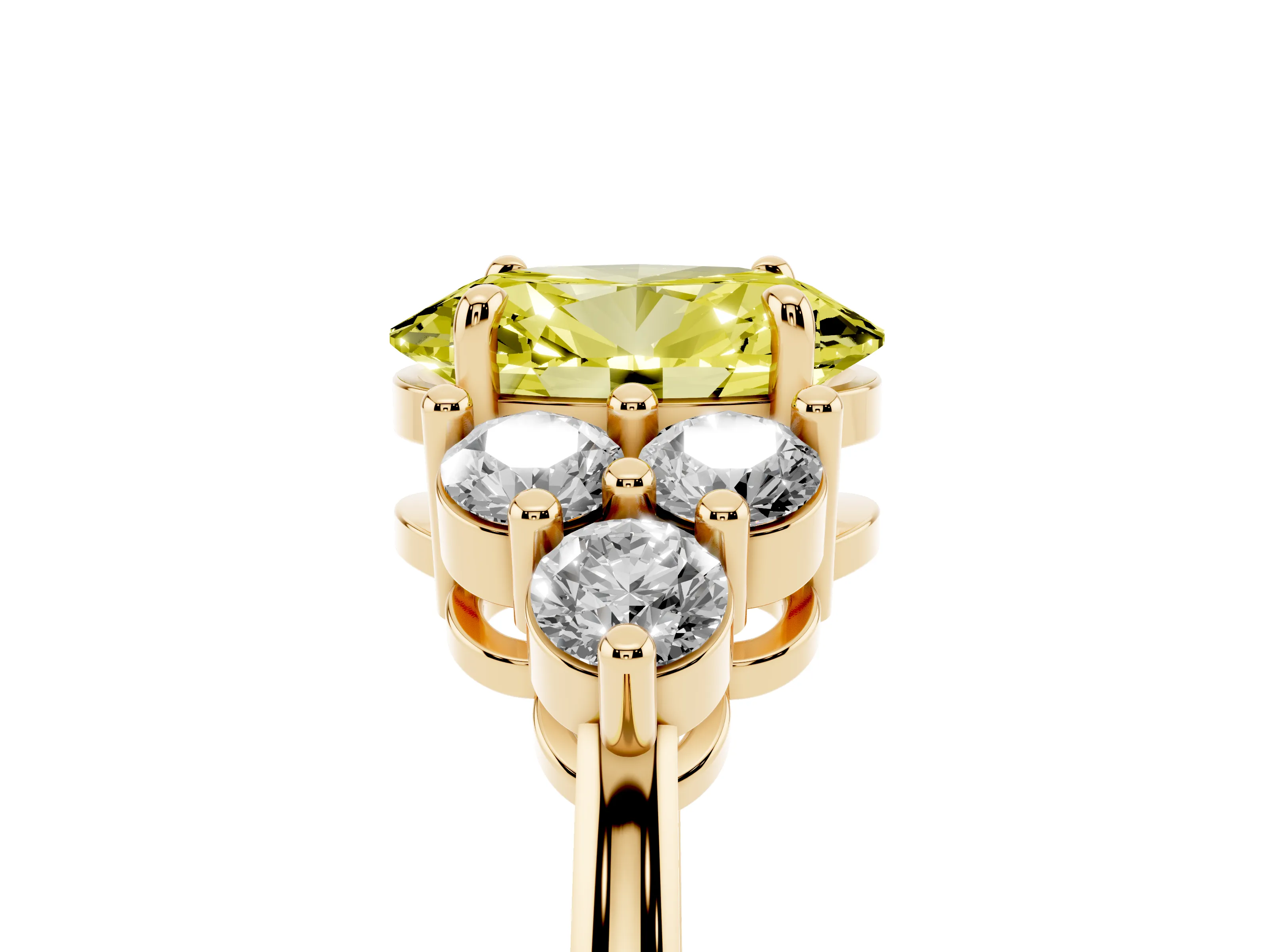Fancy Yellow Oval Cut Diamond Solitaire Ring Set in Yellow gold with Cluster Accents on Each Side