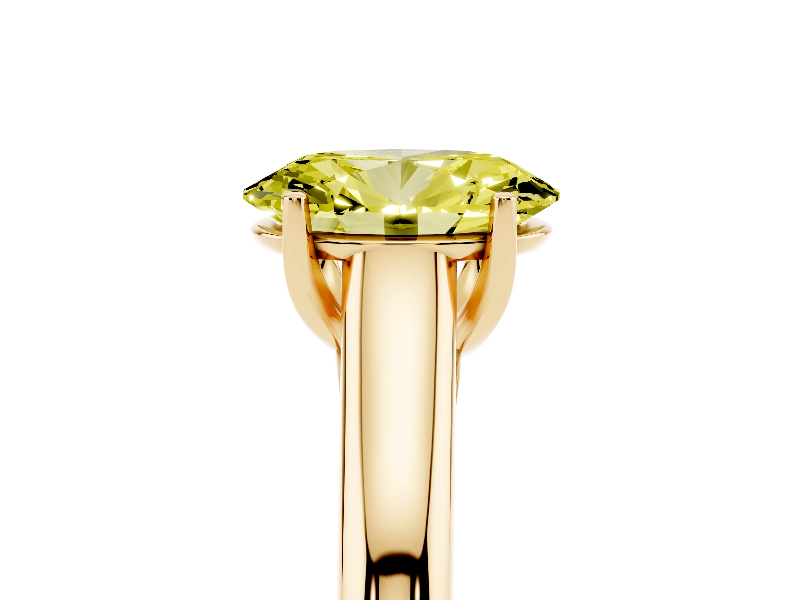 Fancy Yellow Oval Cut Diamond Solitaire Engagement Ring Set in Yellow gold with Subtly Tapered Band and Prong Setting