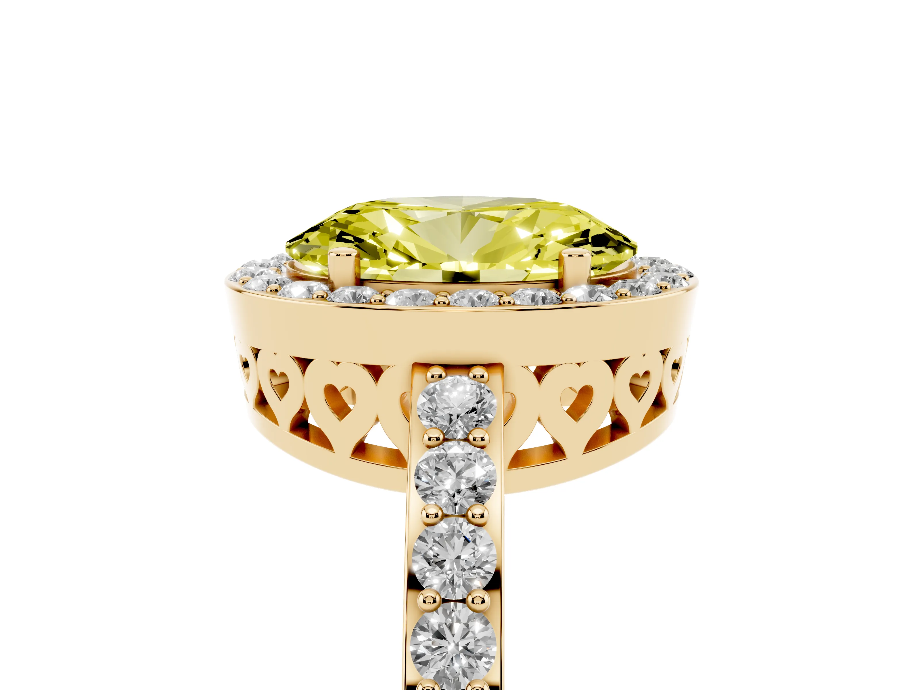 Fancy Yellow Oval Cut Diamond Halo Ring Set in Yellow gold with Pavé-Setting Band and Open Prong Center