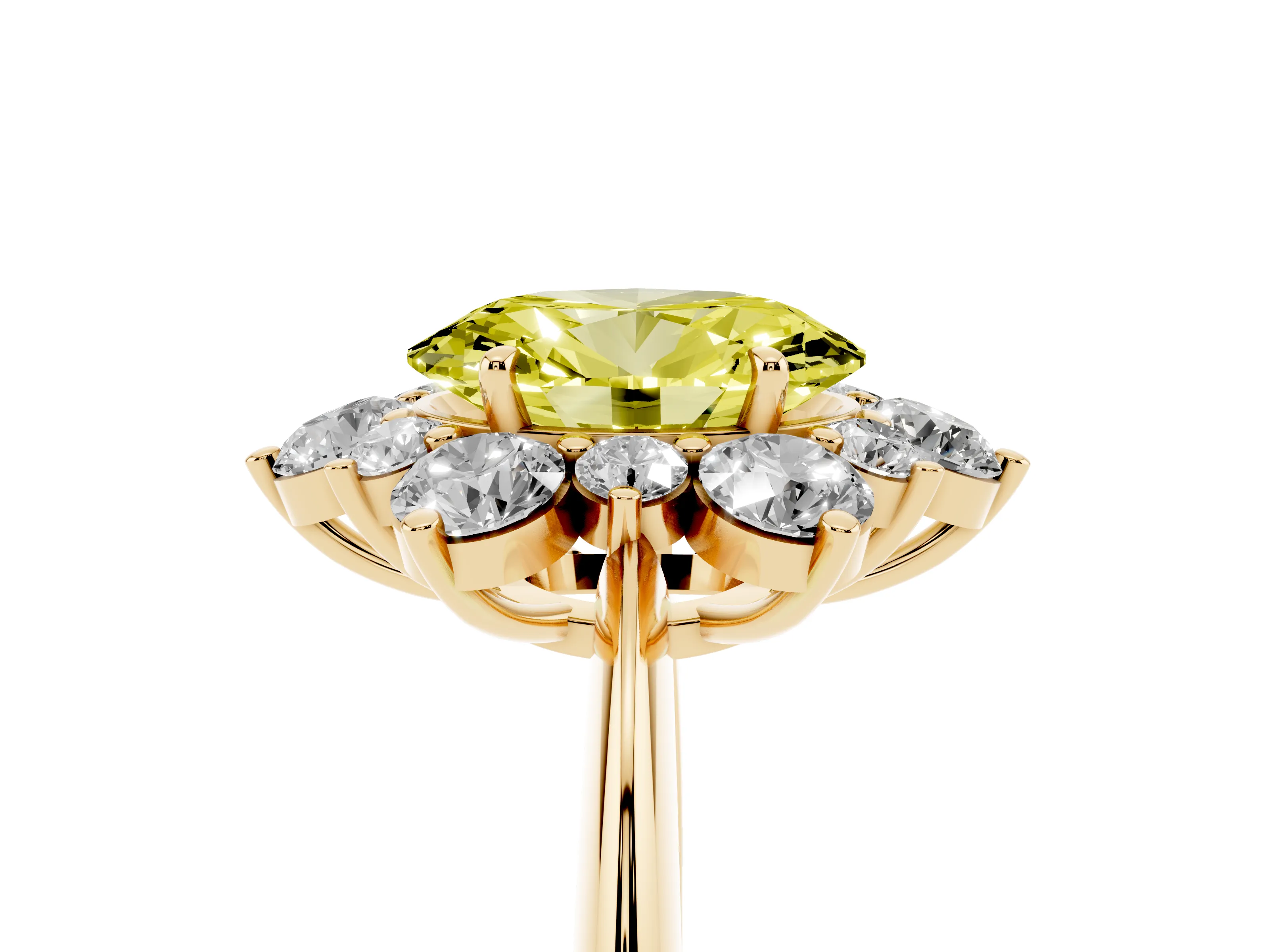 Fancy Yellow Oval Cut Diamond Cluster Halo Ring Set in Yellow gold with Solitaire Band and Prong Setting