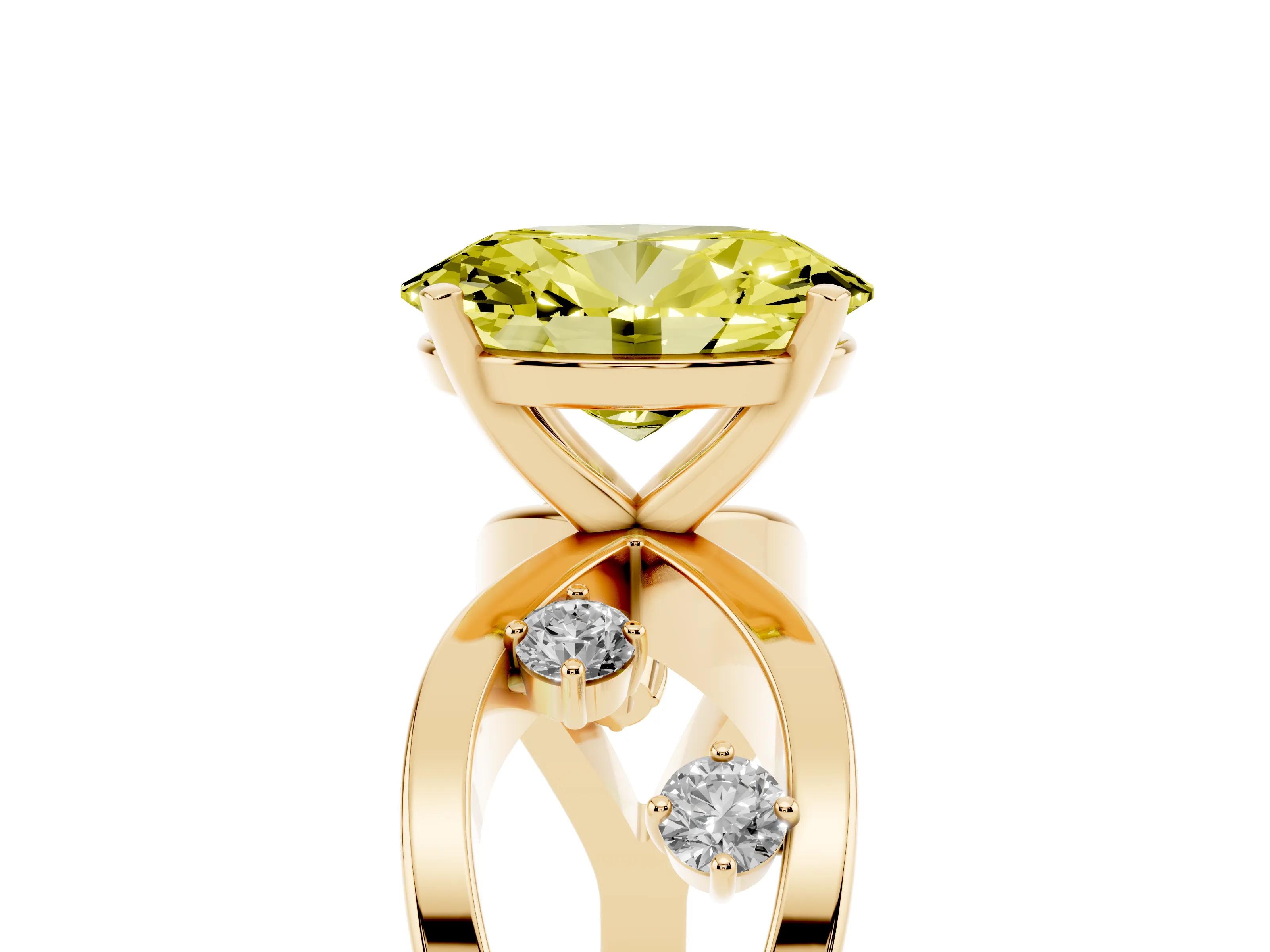 Fancy Yellow Oval Cut Diamond Solitaire Ring Set in Yellow gold with Side Stones on Criss-Cross Band and Prong Setting