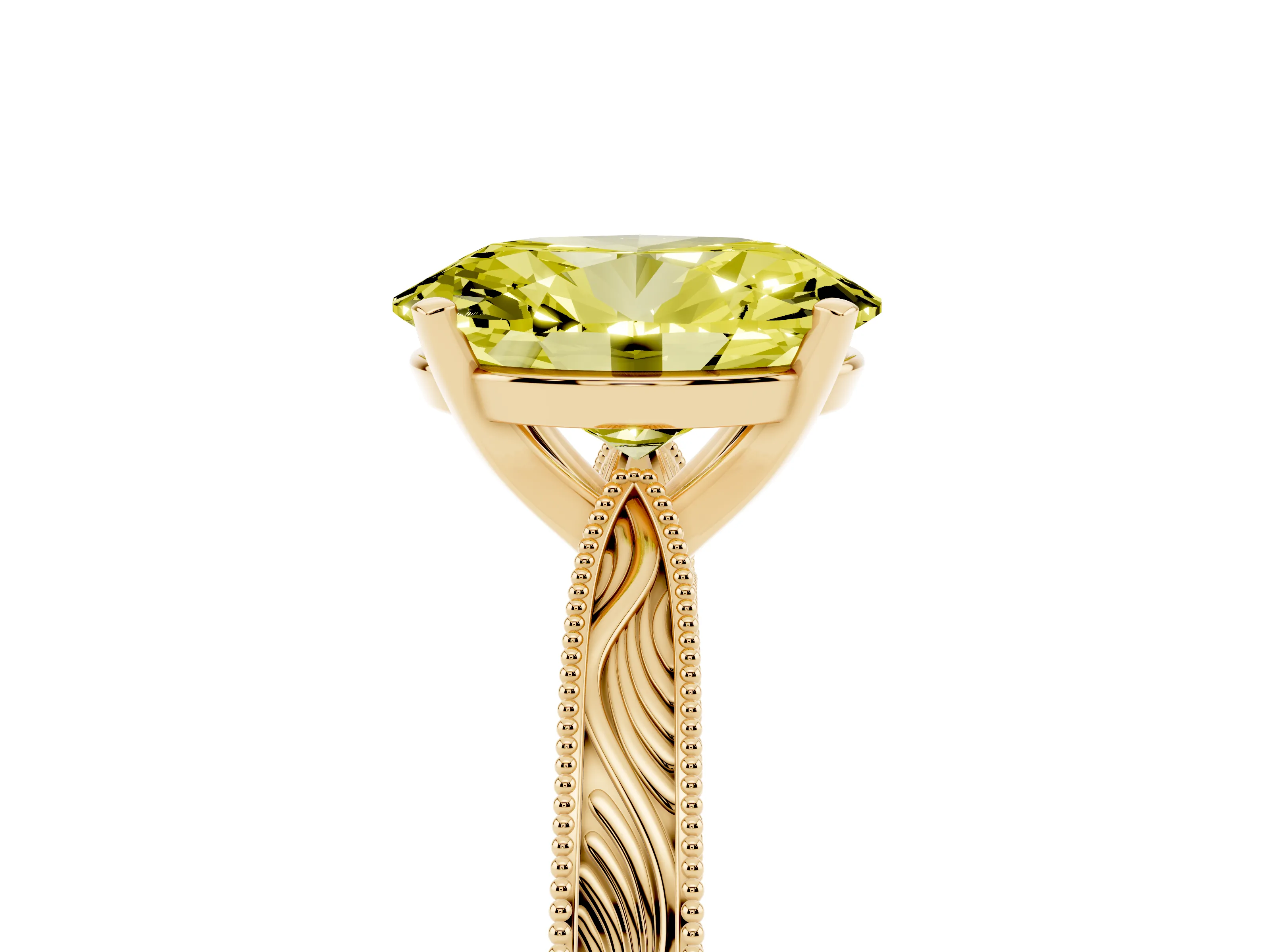 Fancy Yellow Oval Cut Diamond Solitaire Milgrain Engraved Band Set in Yellow gold with Prong Setting