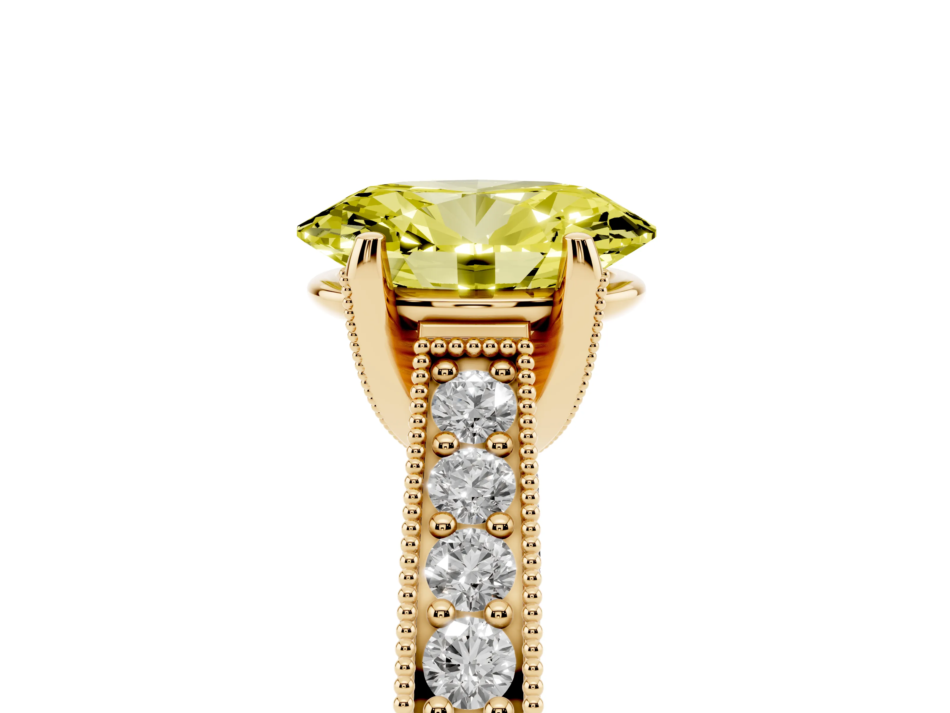 Fancy Yellow Oval Cut Diamond Solitaire Ring Set in Yellow gold with Milgrain-Edged Pavé Band and Prong Setting