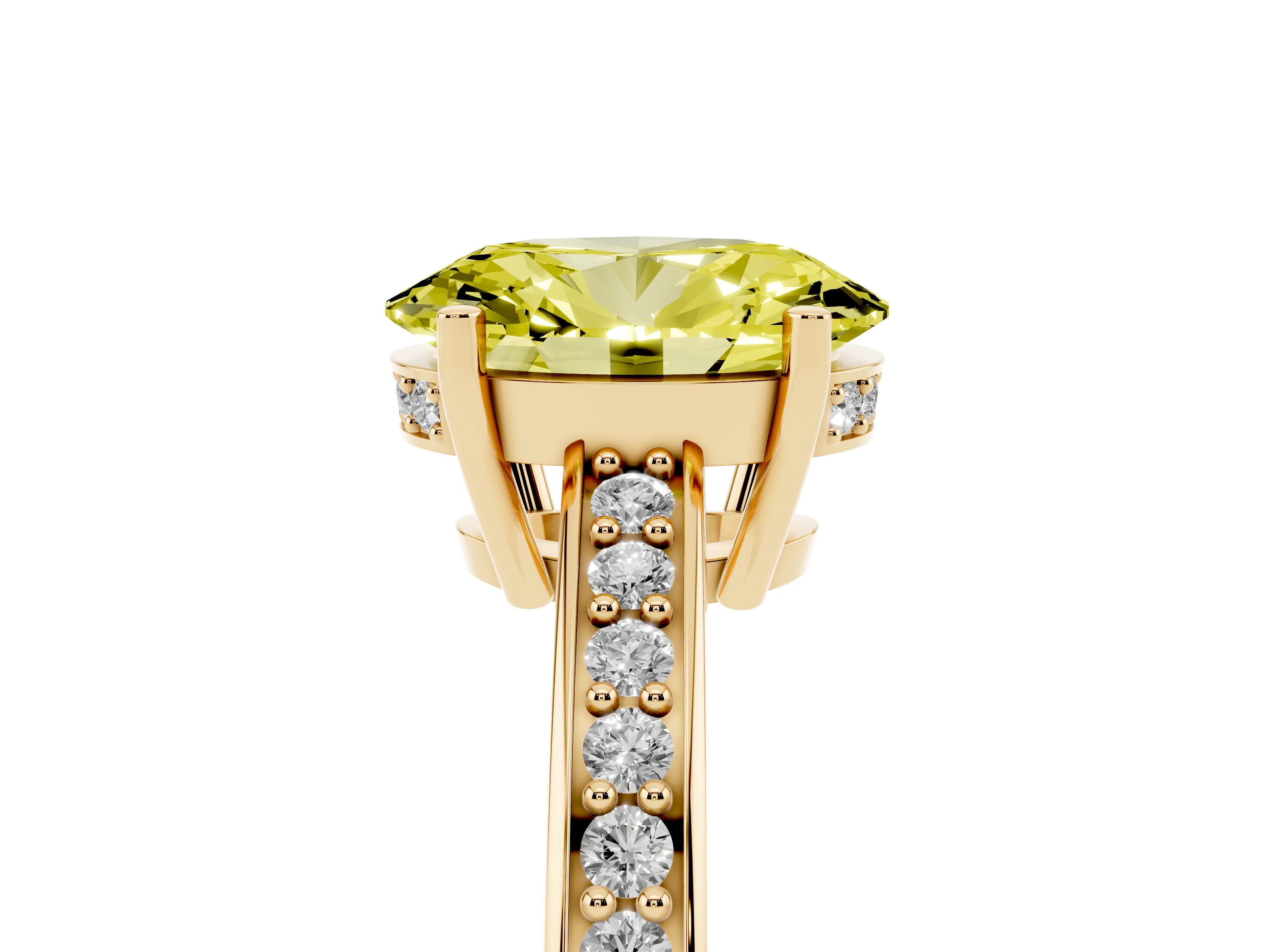Fancy Yellow Oval Cut Diamond Pavé Band Prong Set Solitaire Ring Set in Yellow gold