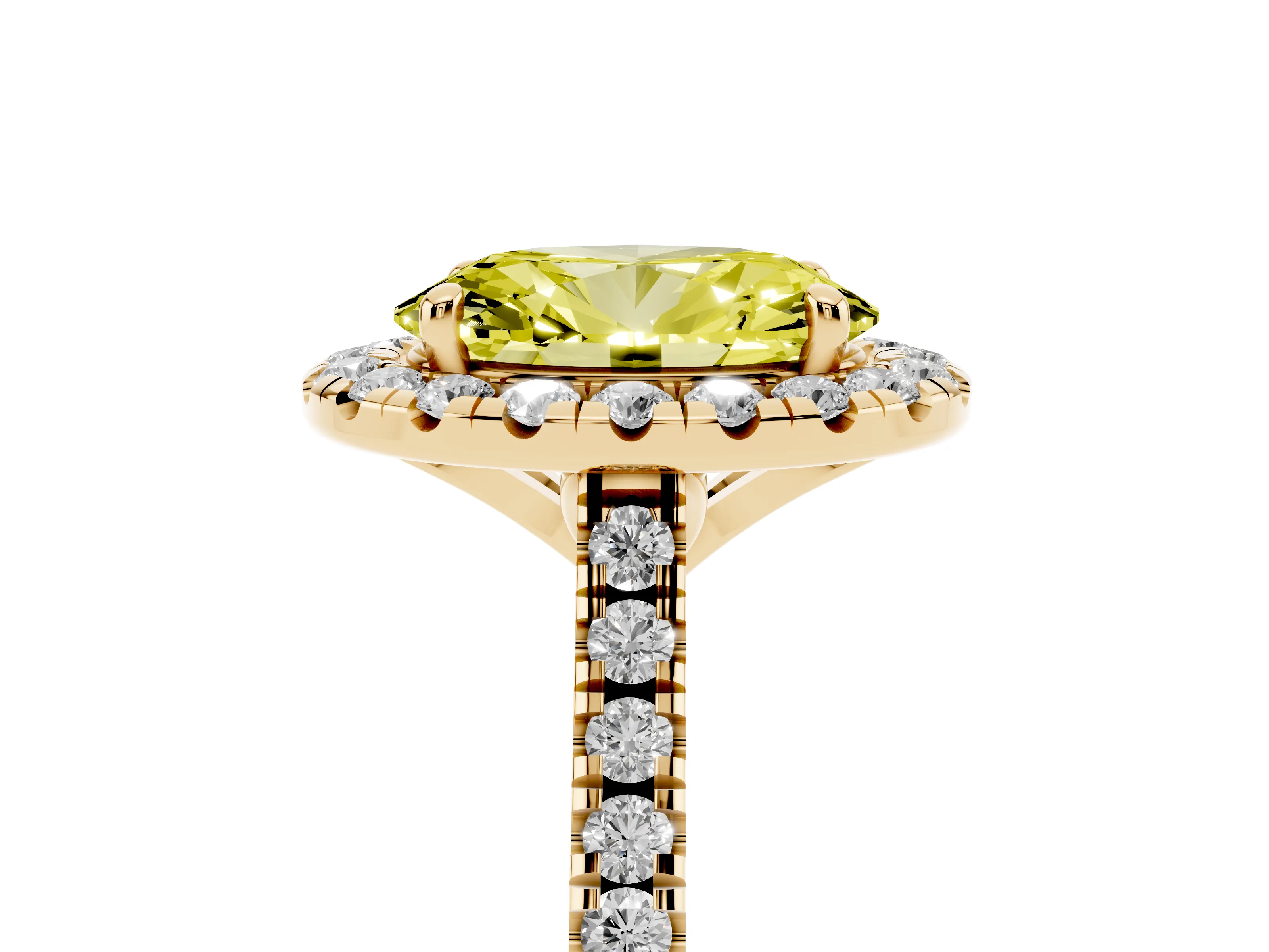 Fancy Yellow Oval Cut Diamond Cushion Halo Ring Set in Yellow gold with Pavé Band