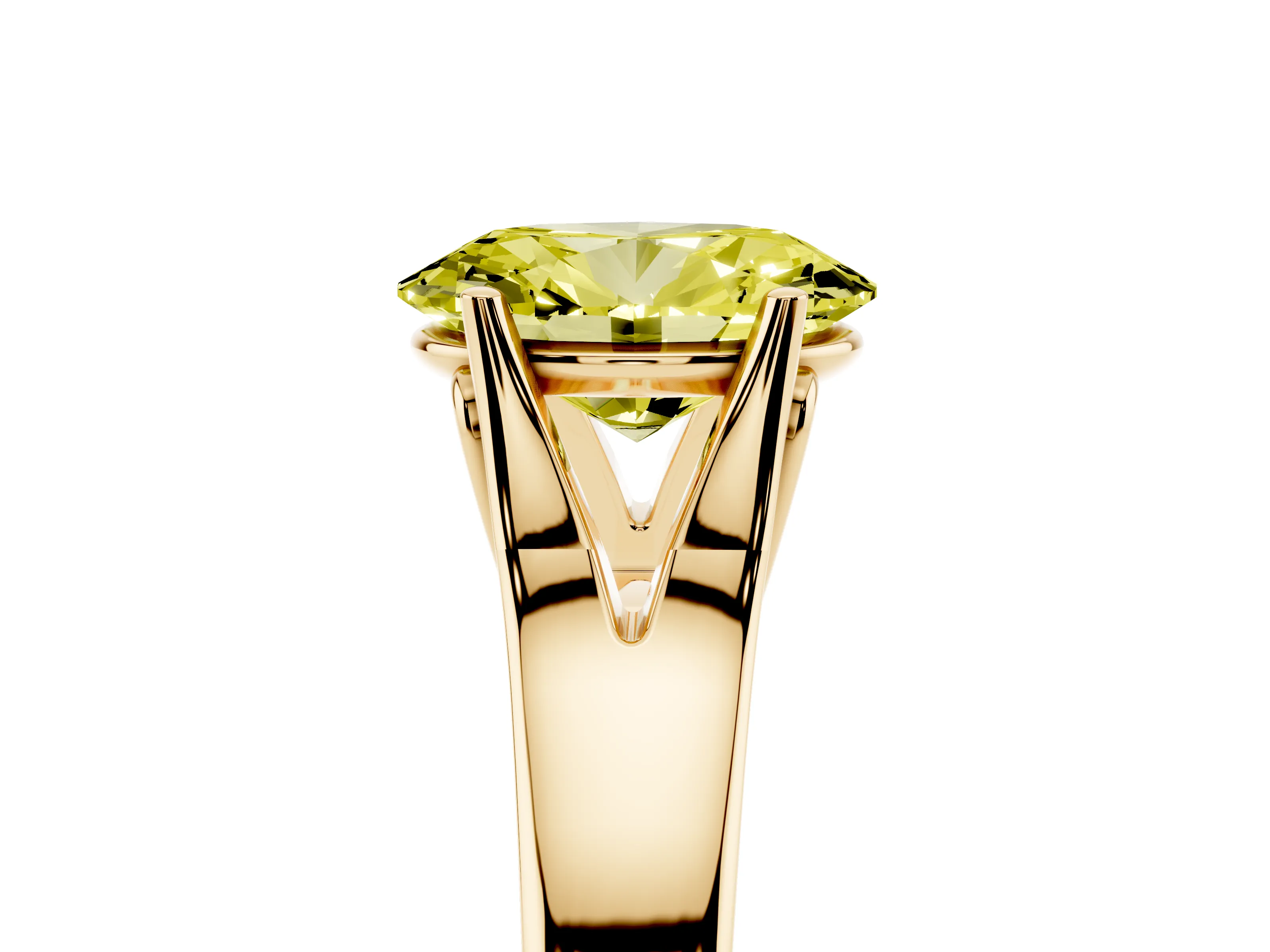 Fancy Yellow Oval Cut Diamond Solitaire Ring Set in Yellow gold with Arched Cathedral Band and Prong Setting