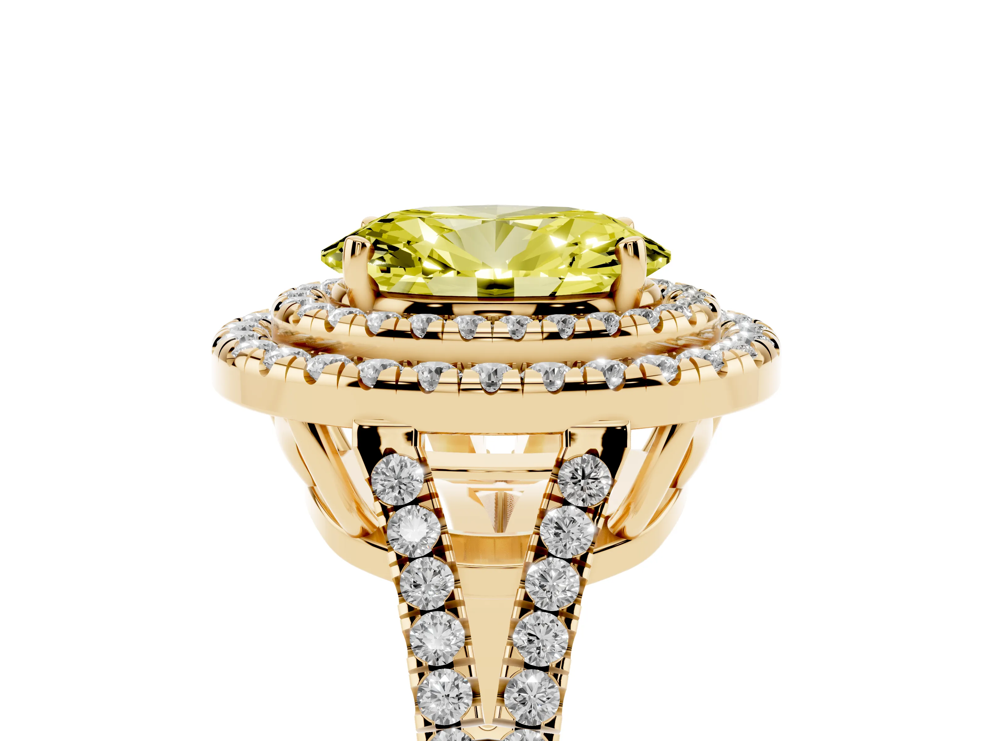 Fancy Yellow Oval Cut Diamond Double Halo Ring Set in Yellow gold with Pavé Band