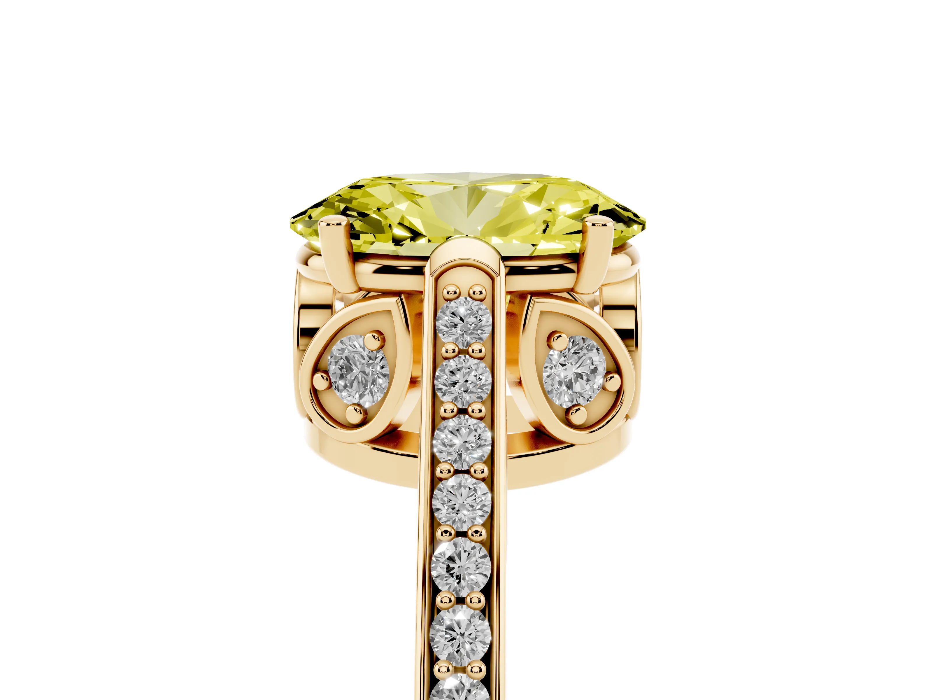 Fancy Yellow Oval Cut Diamond Cathedral Pavé Engagement Ring Set in Yellow gold with Prong Setting
