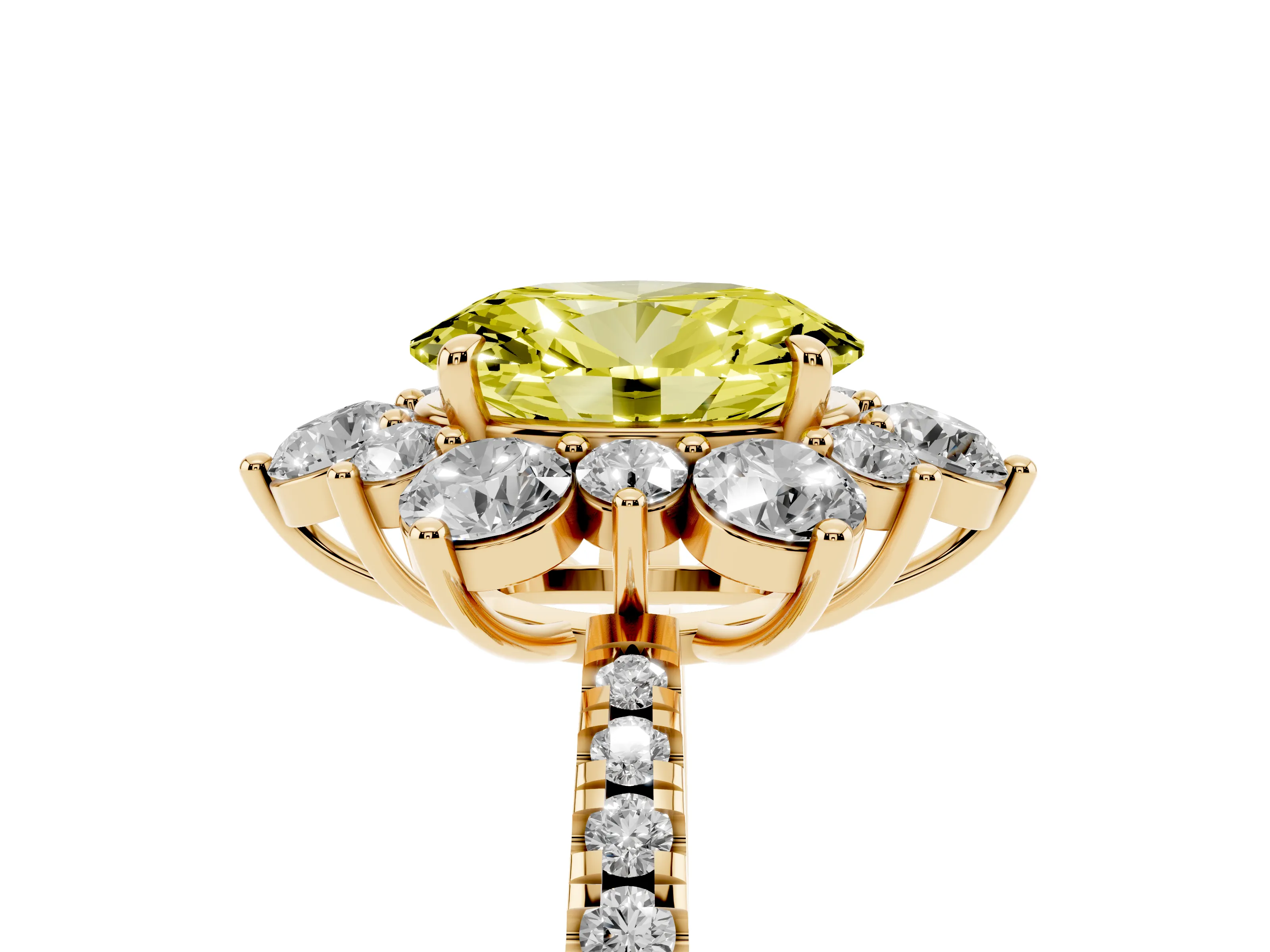 Fancy Yellow Oval Cut Diamond Floral Halo Ring Set in Yellow gold with Round Pavé Band and Prong Setting