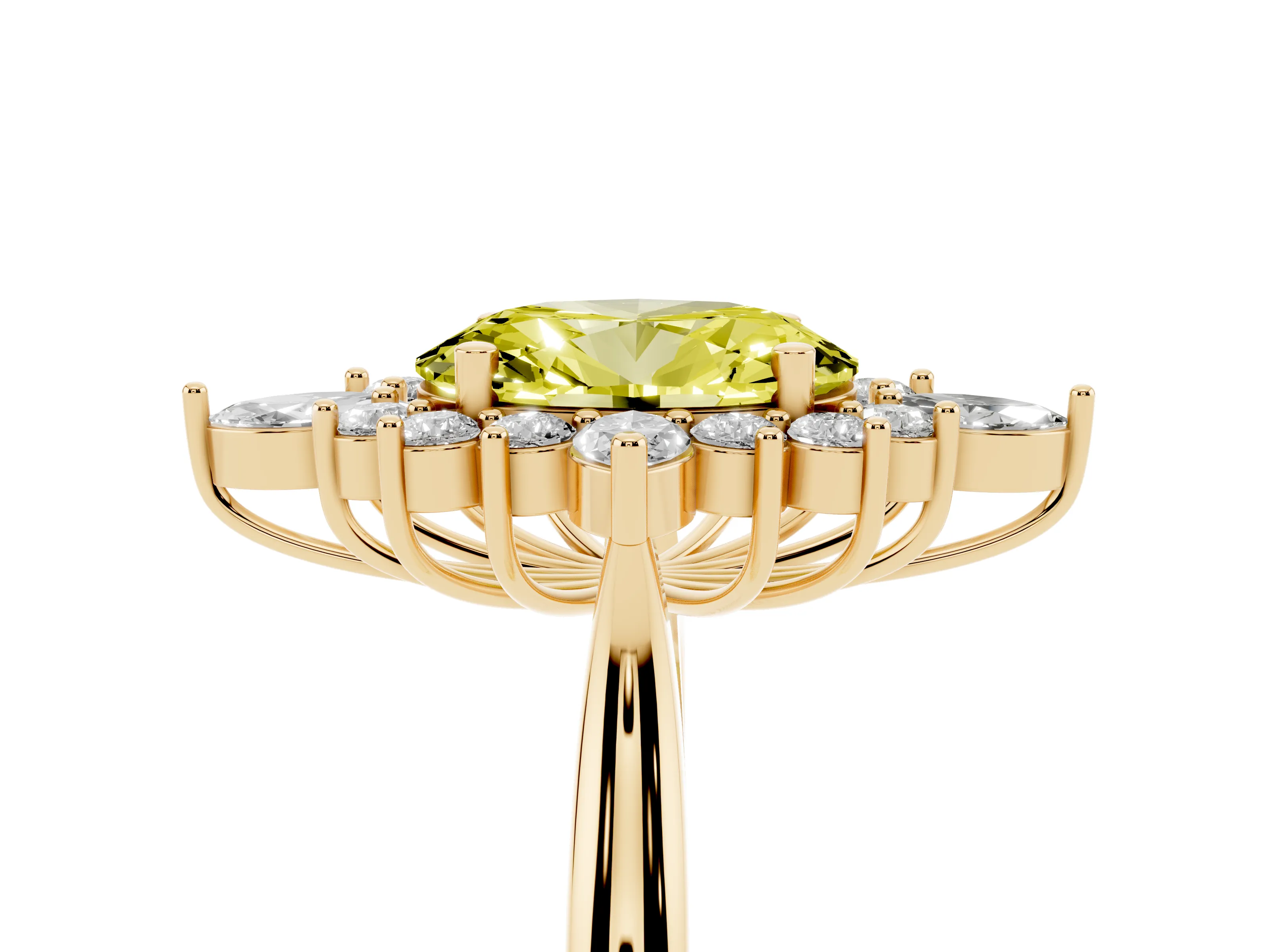 Fancy Yellow Oval Cut Diamond Cluster Halo Ring Set in Yellow gold with Marquise and Round Accents
