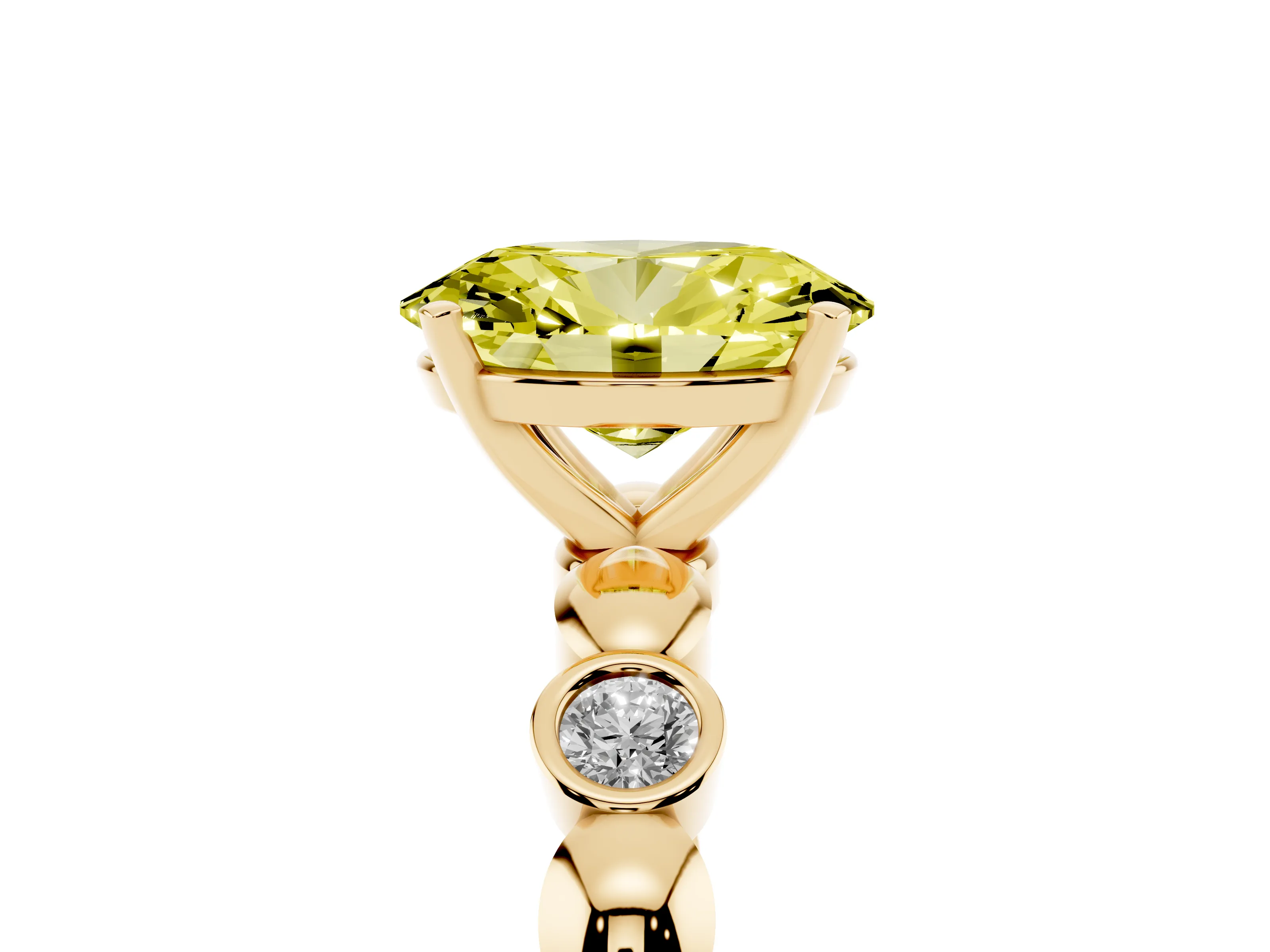 Fancy Yellow Oval Cut Diamond Solitaire Ring Set in Yellow gold with Bezel-Set Accents on Beaded Band and Prong Setting