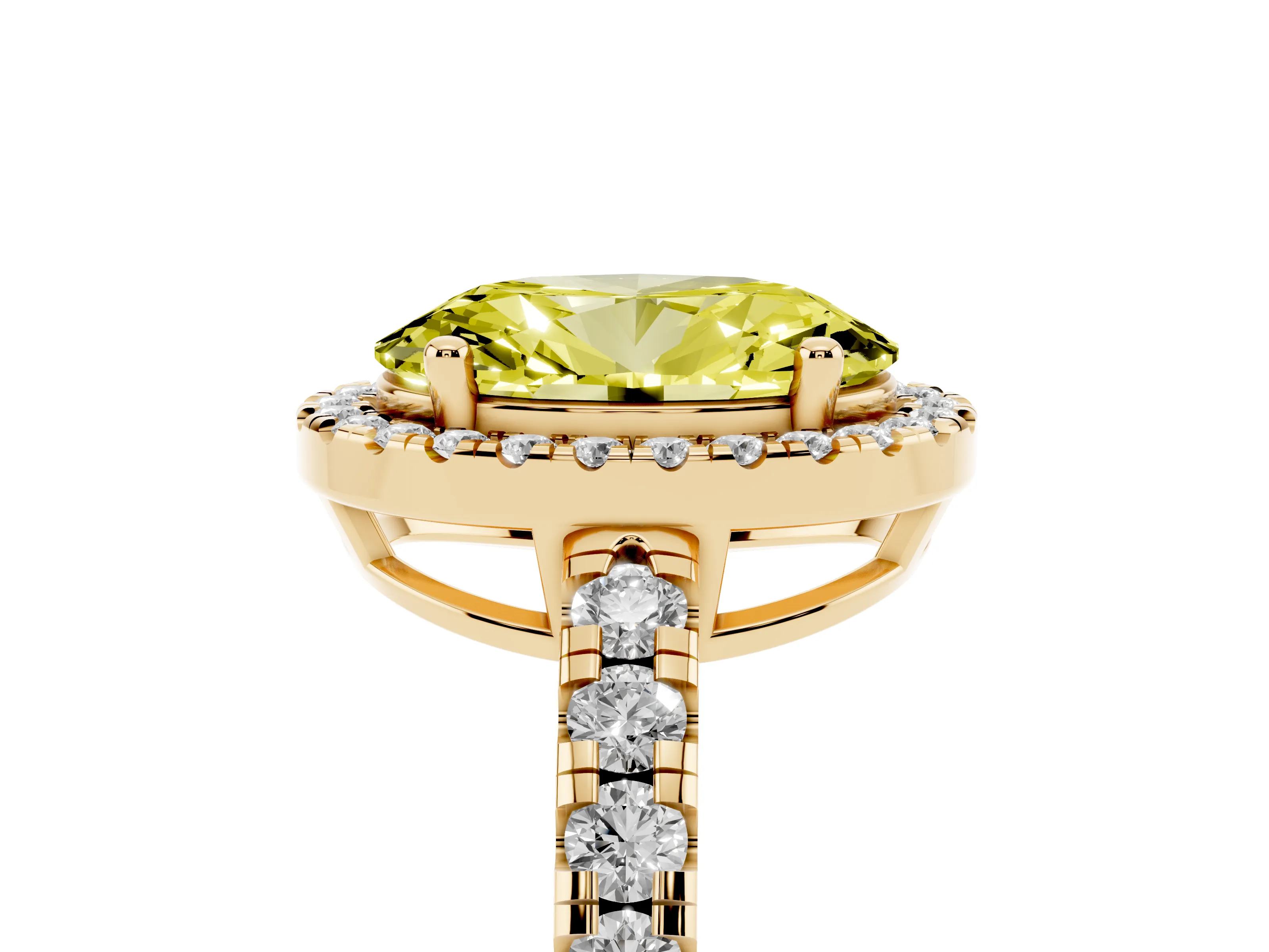 Fancy Yellow Oval Cut Diamond Halo Ring Set in Yellow gold with Delicate Pavé Band and Prong Setting