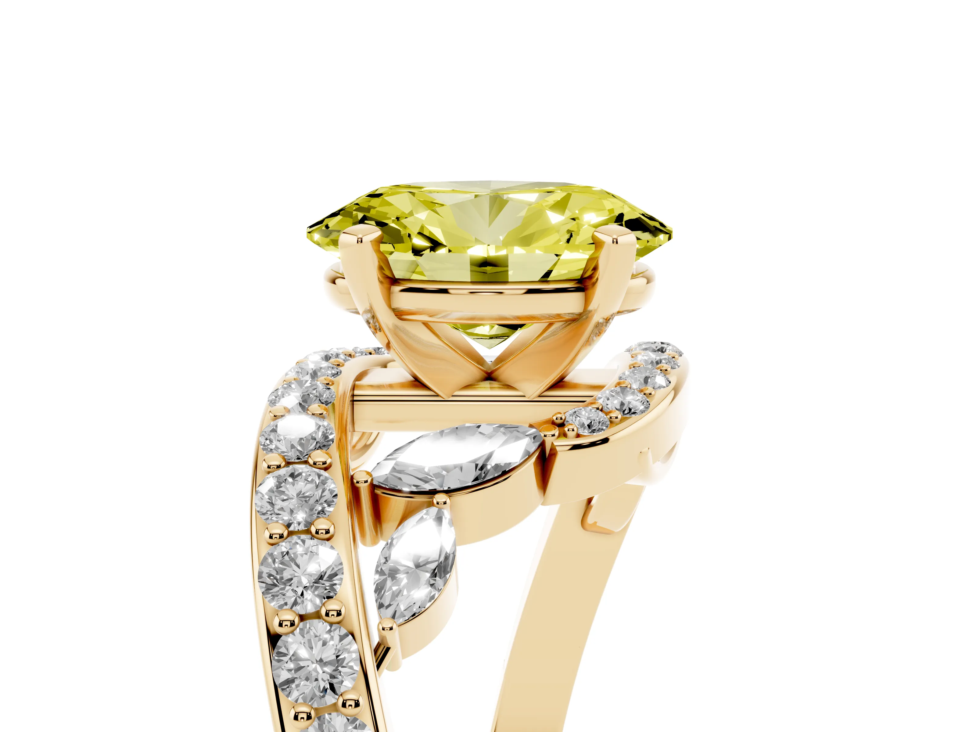 Fancy Yellow Oval Cut Diamond Solitaire Ring Set in Yellow gold with Pavé Twist Band and Secure Prong Setting