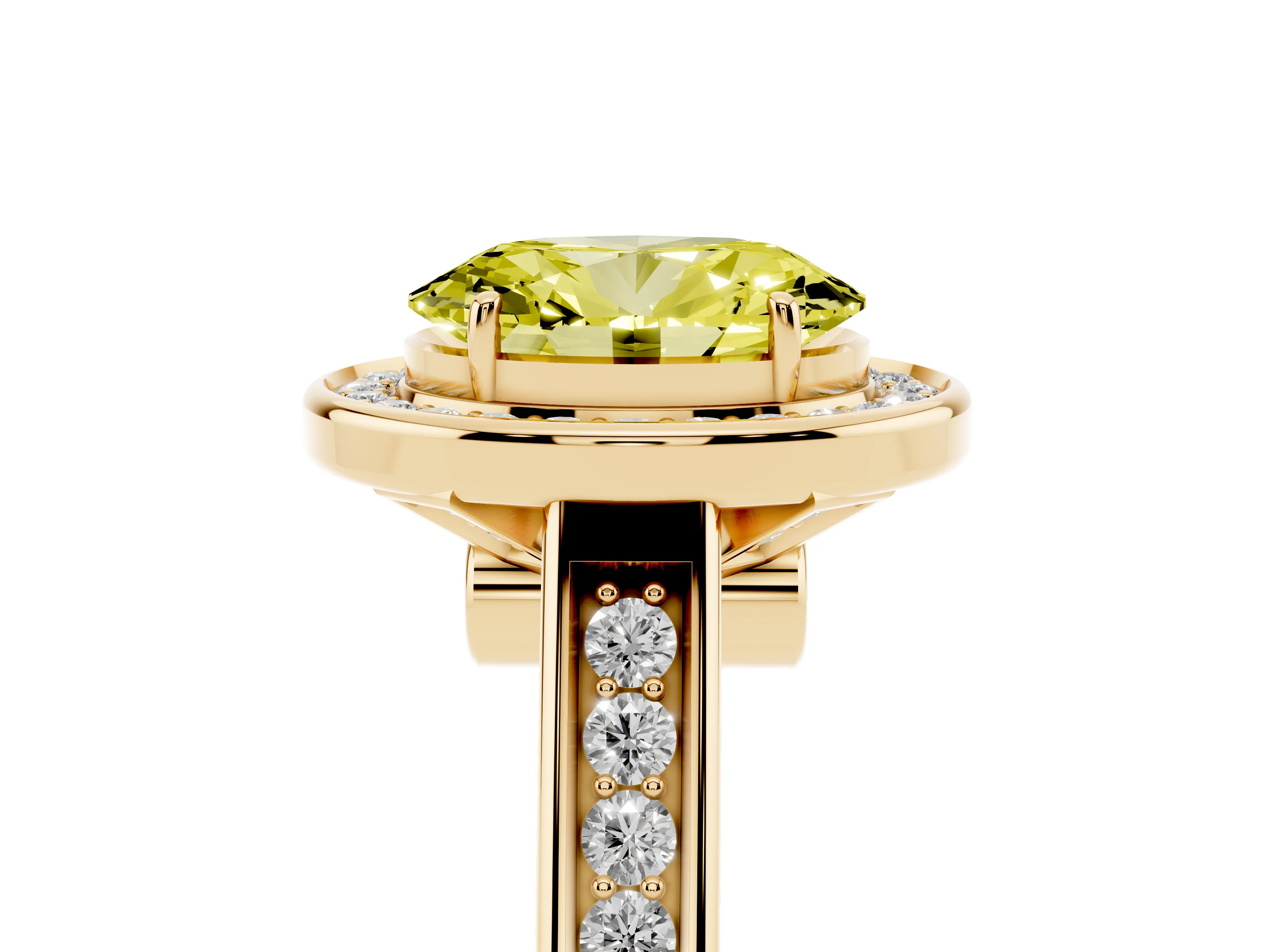 Fancy Yellow Oval Cut Diamond Halo Solitaire Ring Set in Yellow gold with Pavé Band and Bezel Setting
