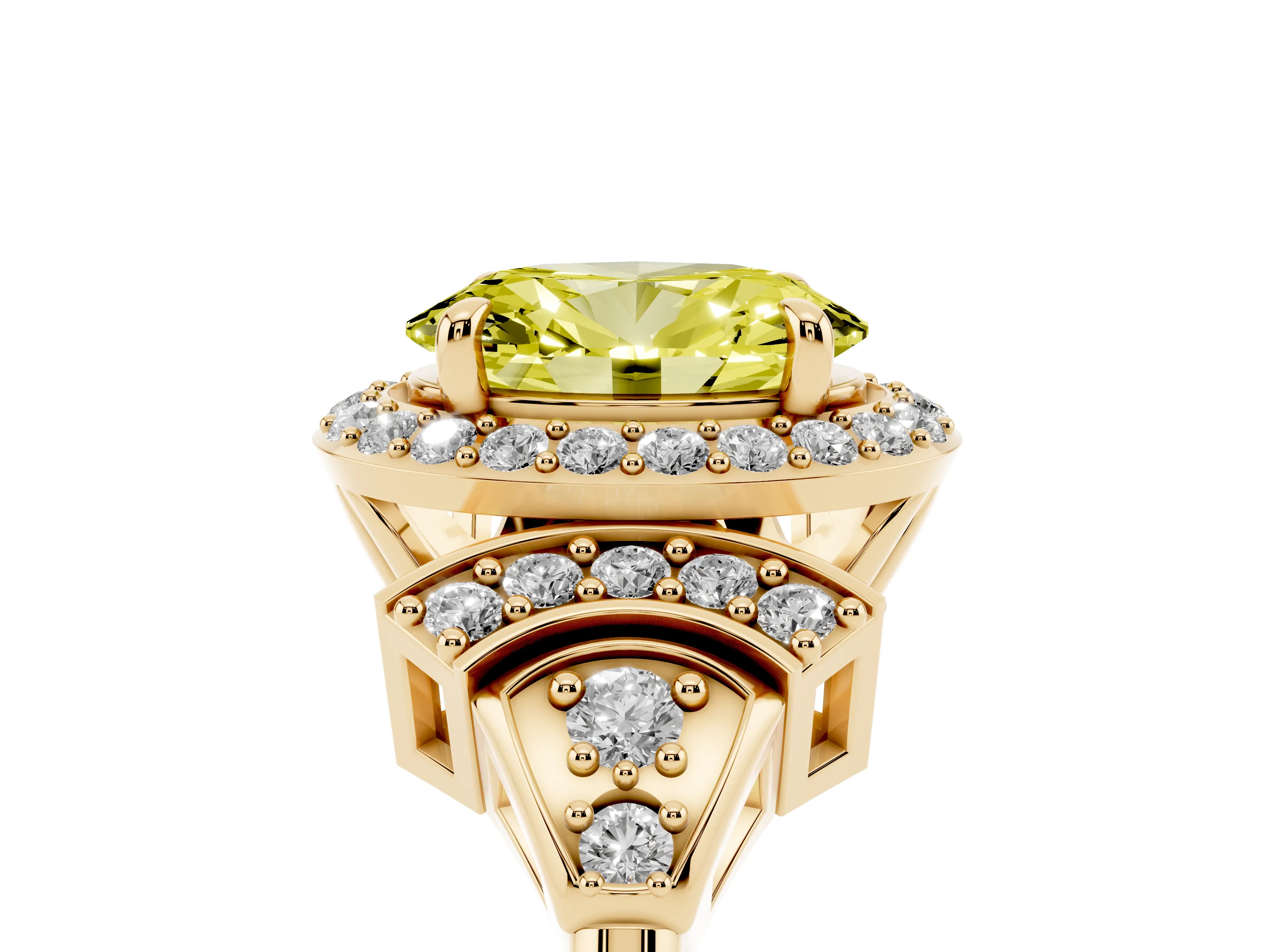 Fancy Yellow Oval Cut Diamond Halo Engagement Ring Set in Yellow gold with Accent Stone Split Shank