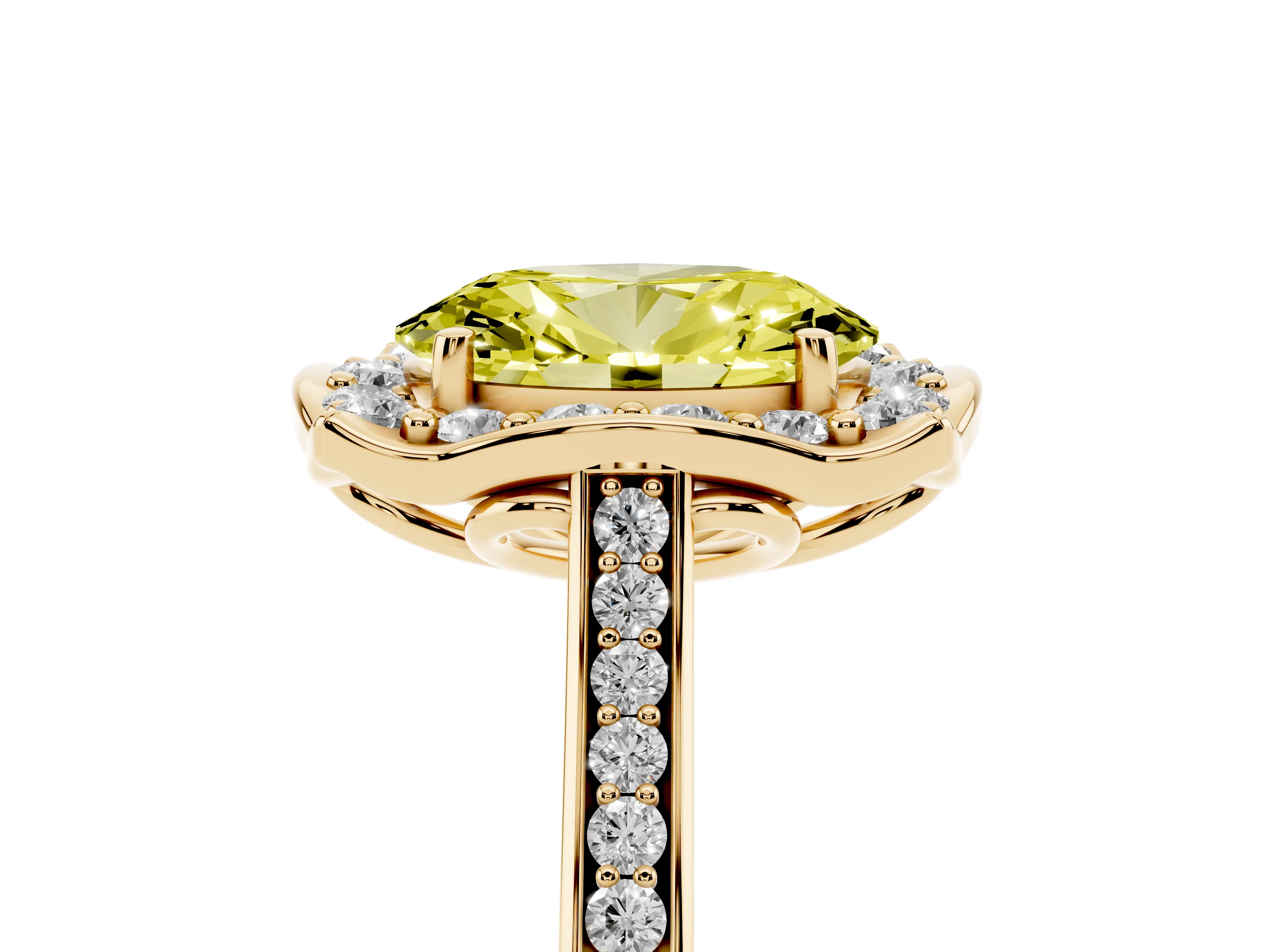 Fancy Yellow Oval Cut Diamond Halo Ring Set in Yellow gold with Pavé-Lined Shoulders and Prong Setting