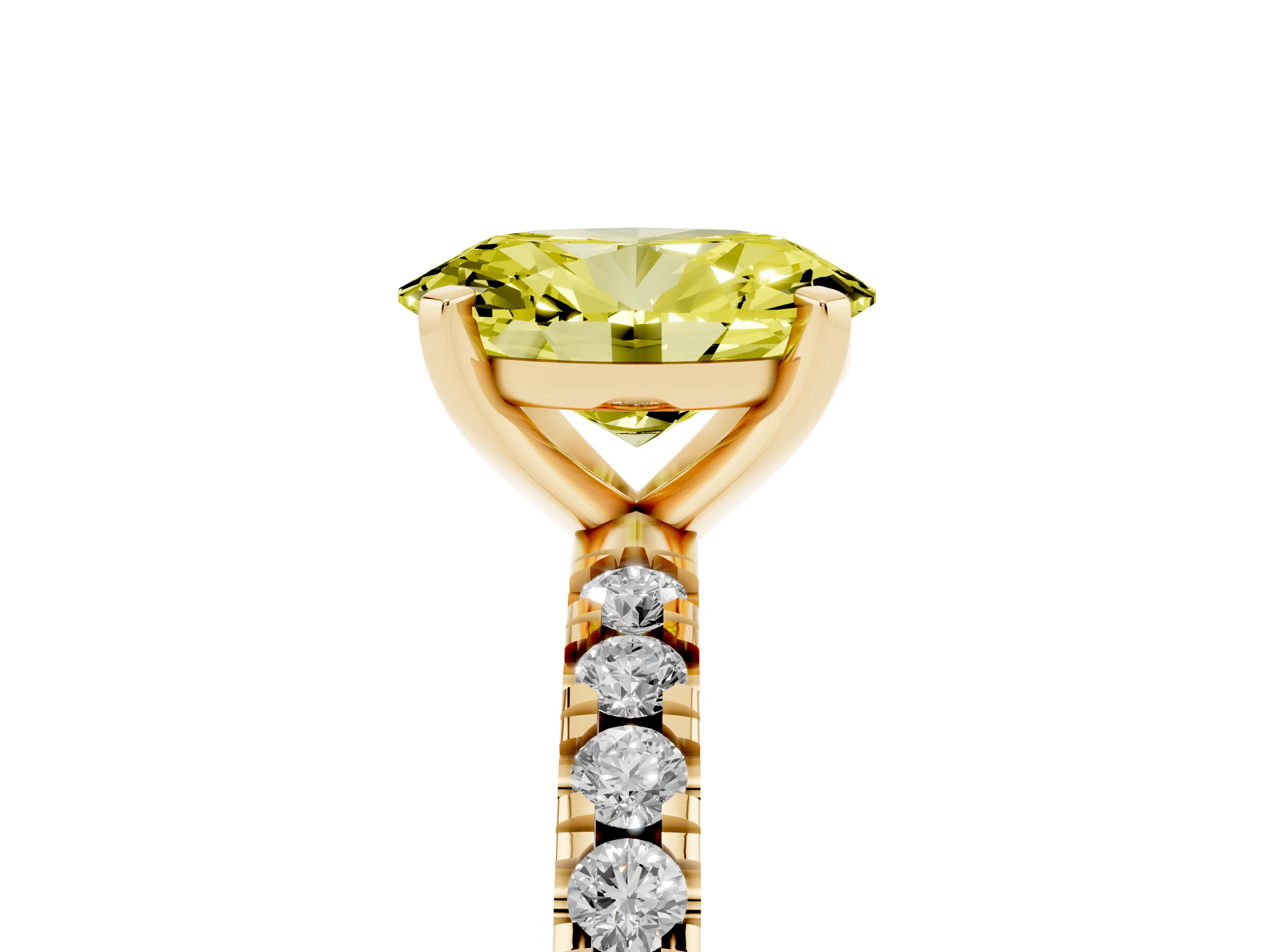Fancy Yellow Oval Cut Diamond Pavé Band Solitaire Set in Yellow gold with Prong Setting