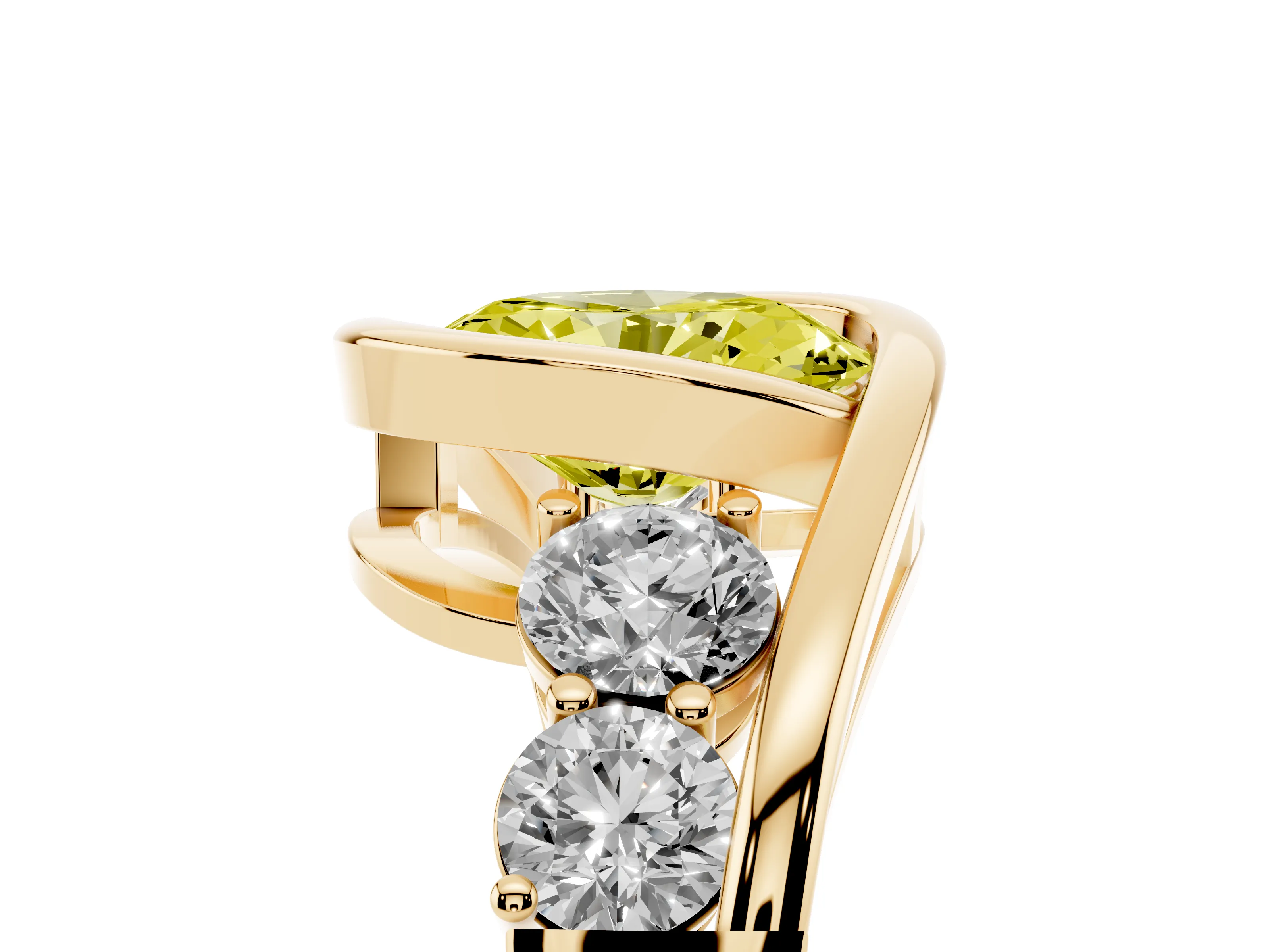 Fancy Yellow Oval Cut Diamond Bezel Bypass Ring Set in Yellow gold with Round Accents