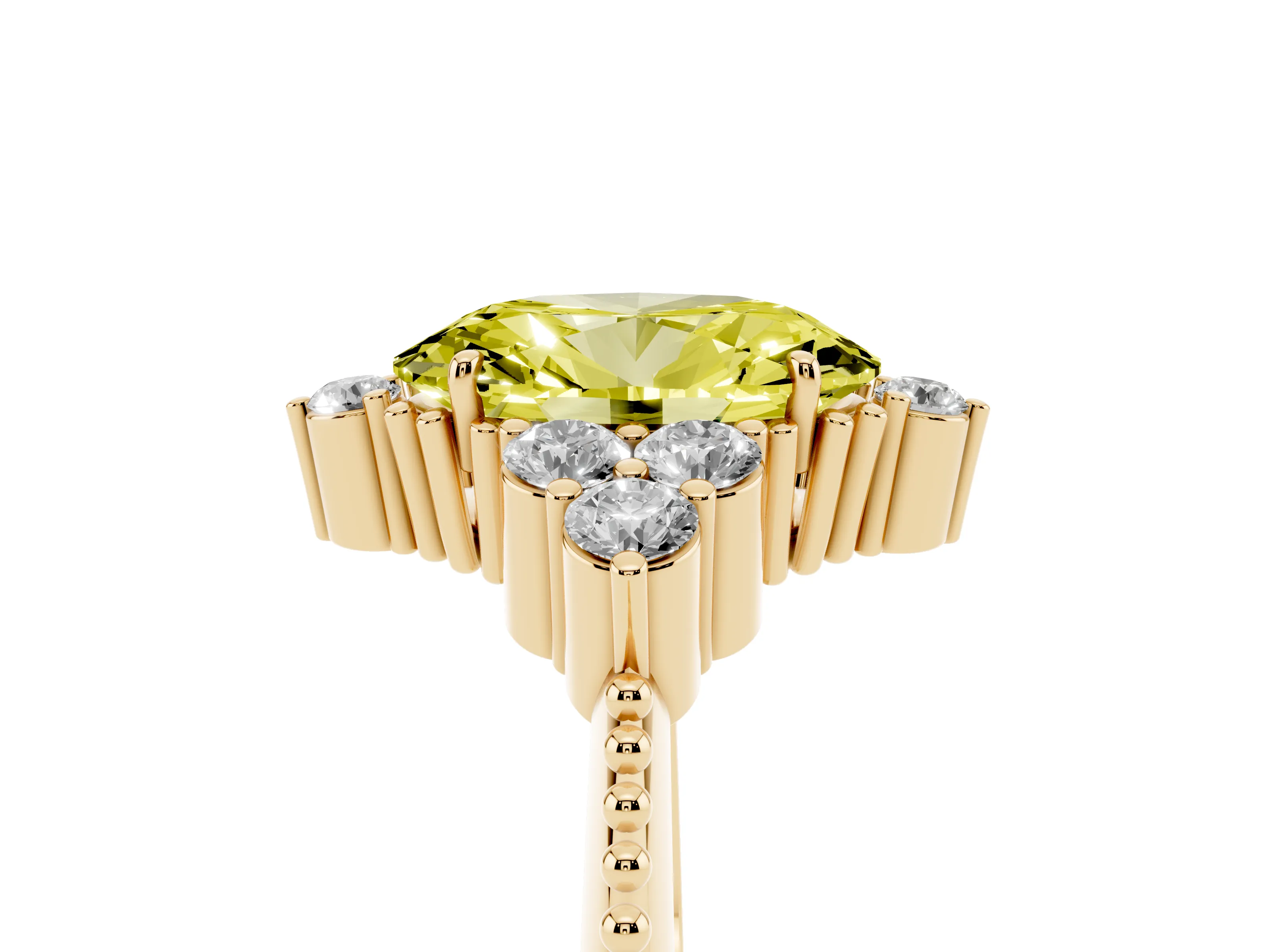 Fancy Yellow Oval Cut Diamond Cluster Ring Set in Yellow gold with Beaded Band