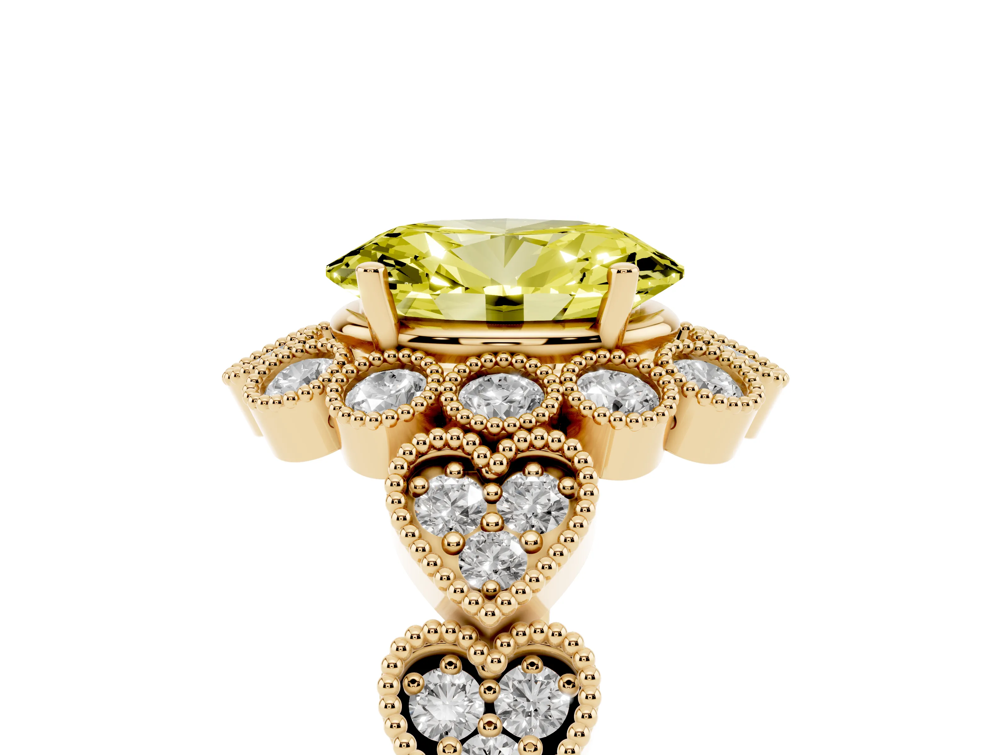 Fancy Yellow Oval Cut Diamond Solitaire Ring Set in Yellow gold with Milgrain Pavé Heart Band