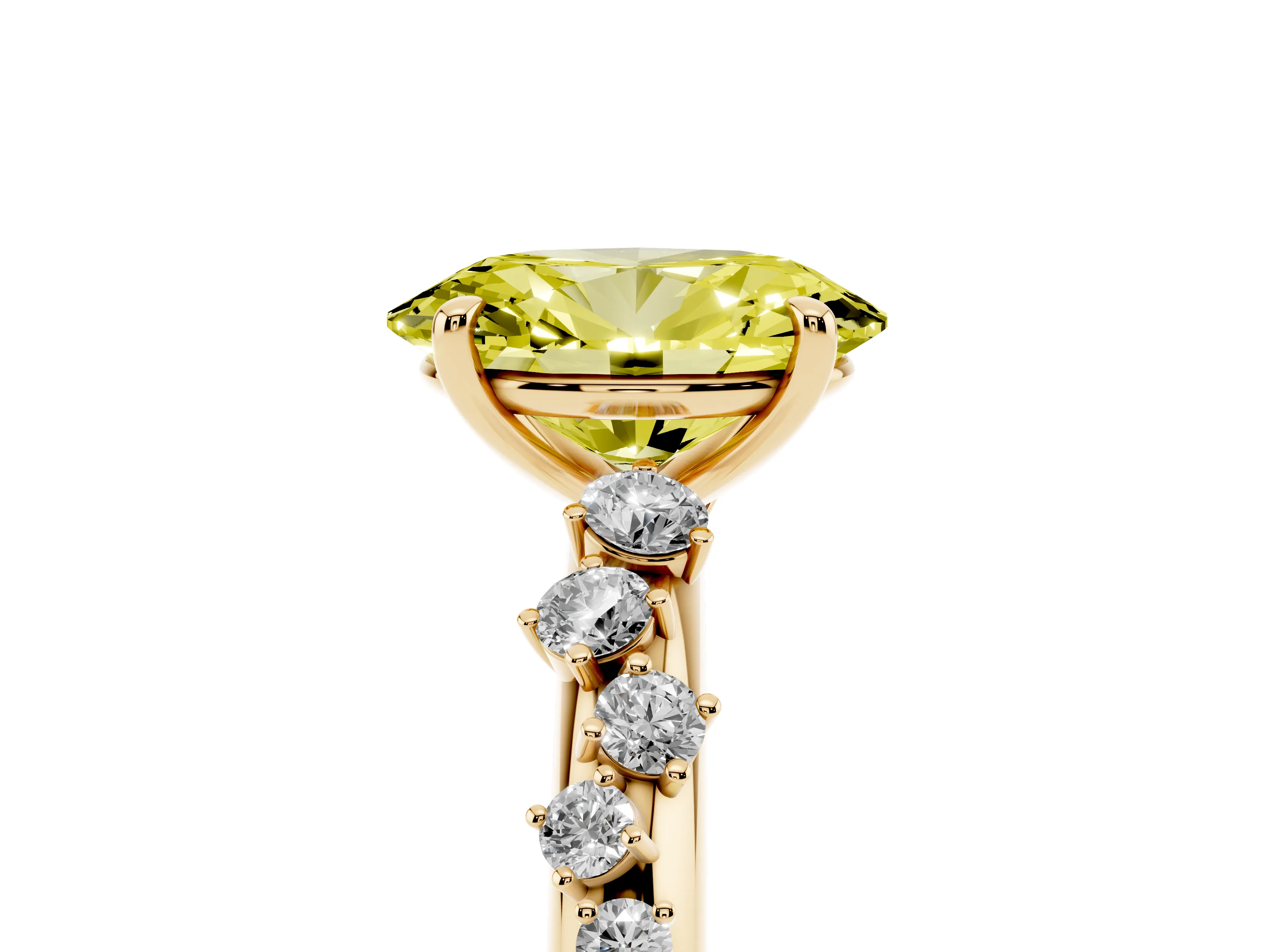 Fancy Yellow Oval Cut Diamond Cluster Solitaire Ring Set in Yellow gold with Prong Setting