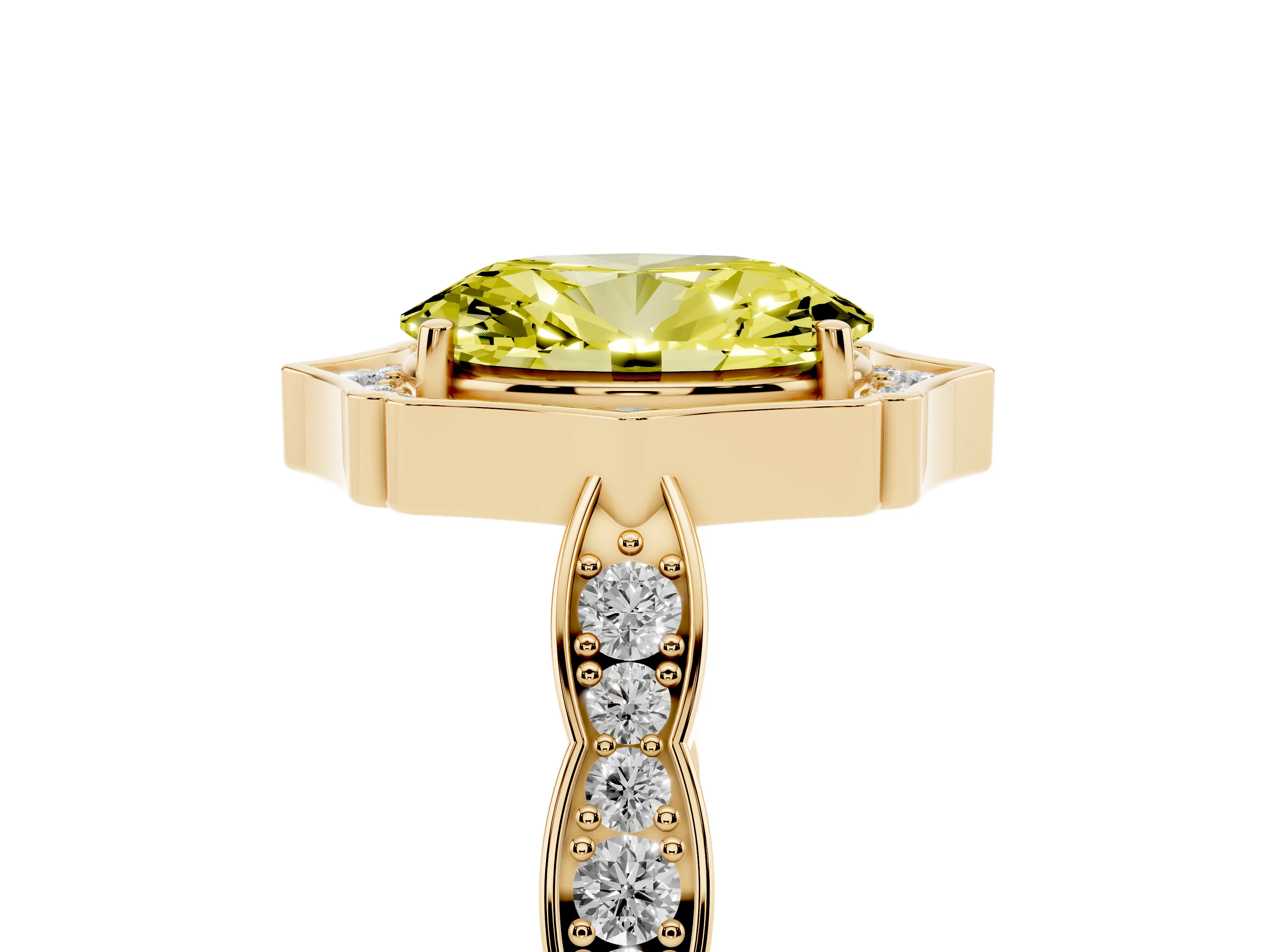 Fancy Yellow Oval Cut Diamond Halo Engagement Ring Set in Yellow gold with Milgrain Band and Prong Setting