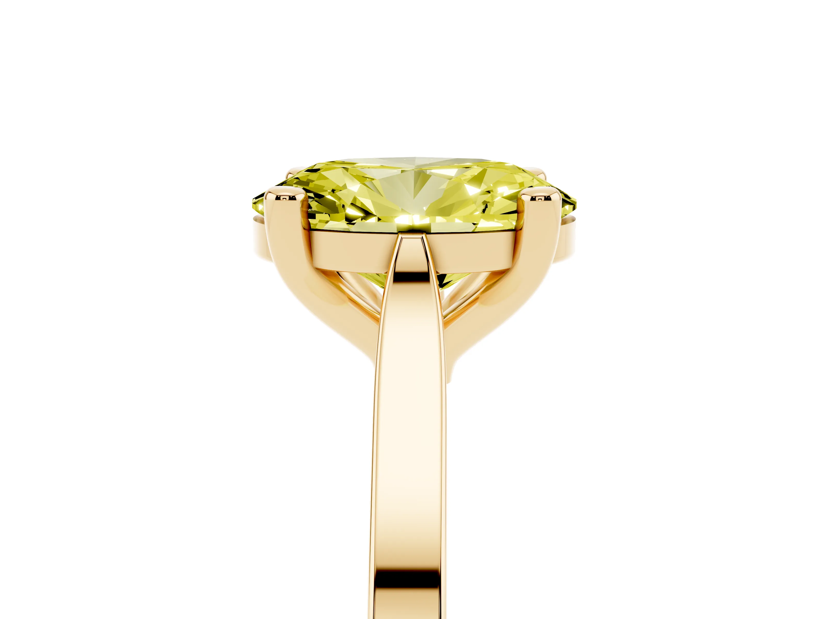 Fancy Yellow Oval Cut Diamond Solitaire Ring Set in Yellow gold with Prong Setting and Tapered Band
