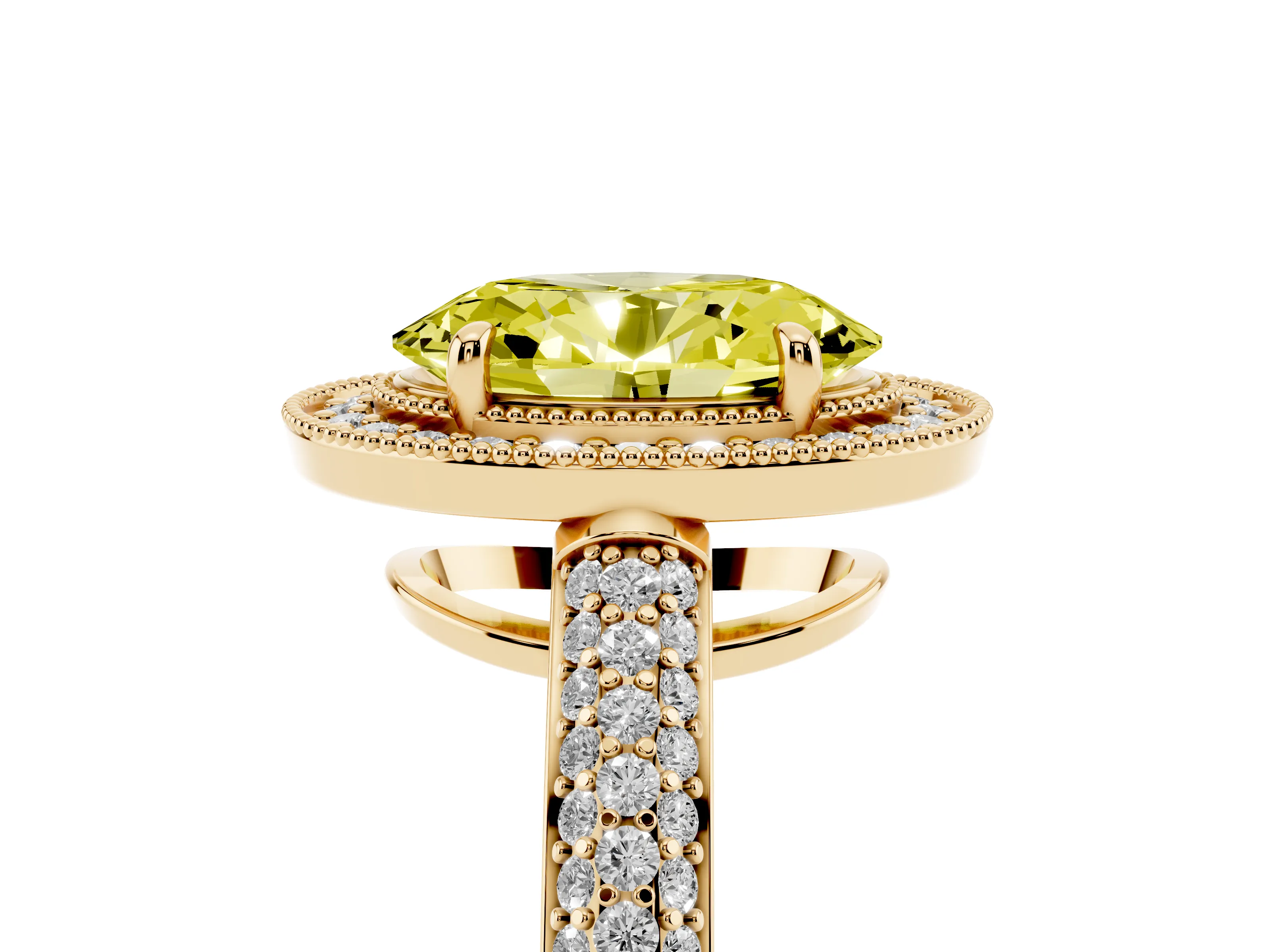 Fancy Yellow Oval Cut Diamond Halo Pavé Band Set in Yellow gold with Prong Setting