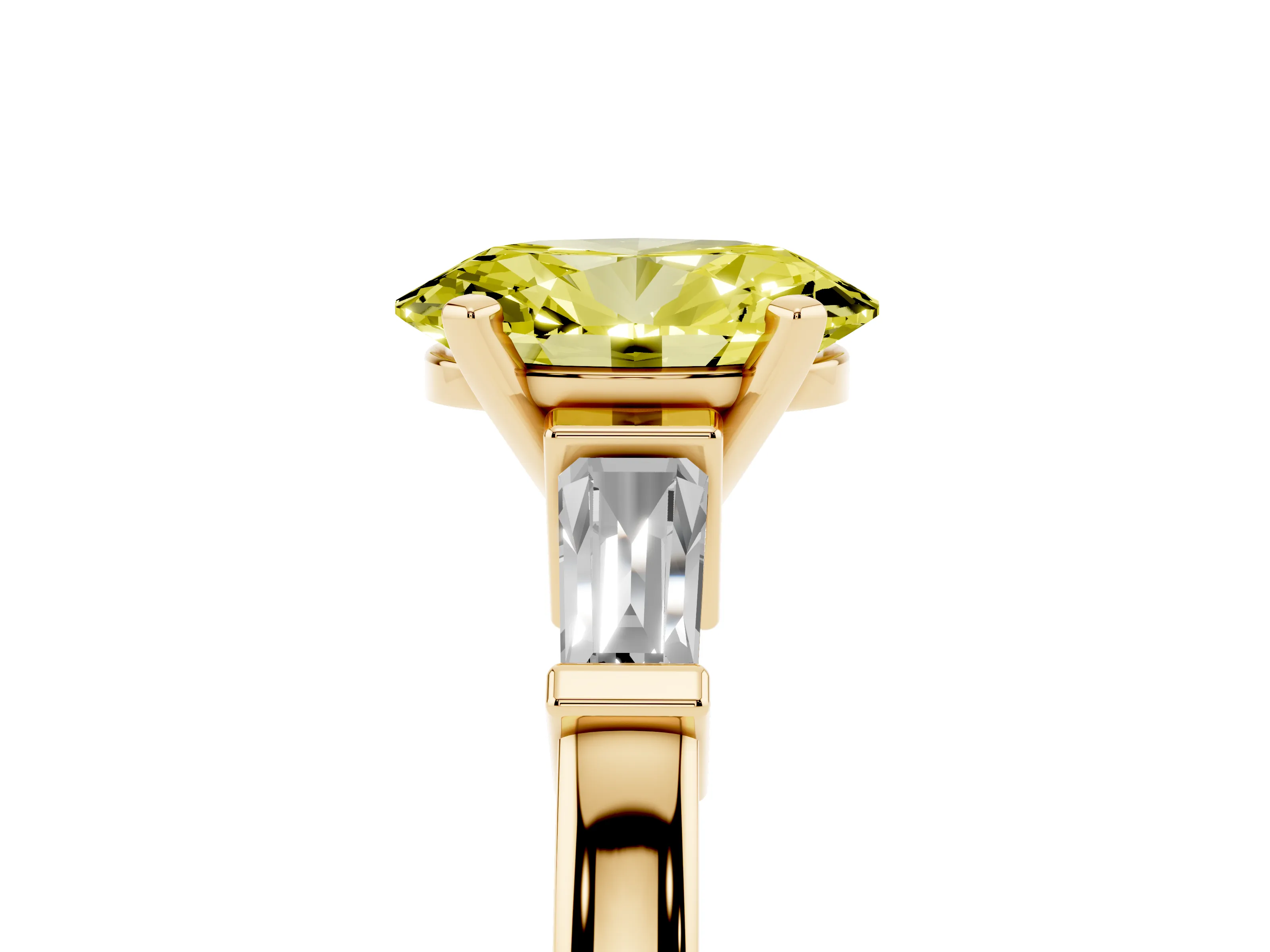 Fancy Yellow Oval Cut Diamond Solitaire Ring Set in Yellow gold with Tapered Baguette Accents and Prong Setting