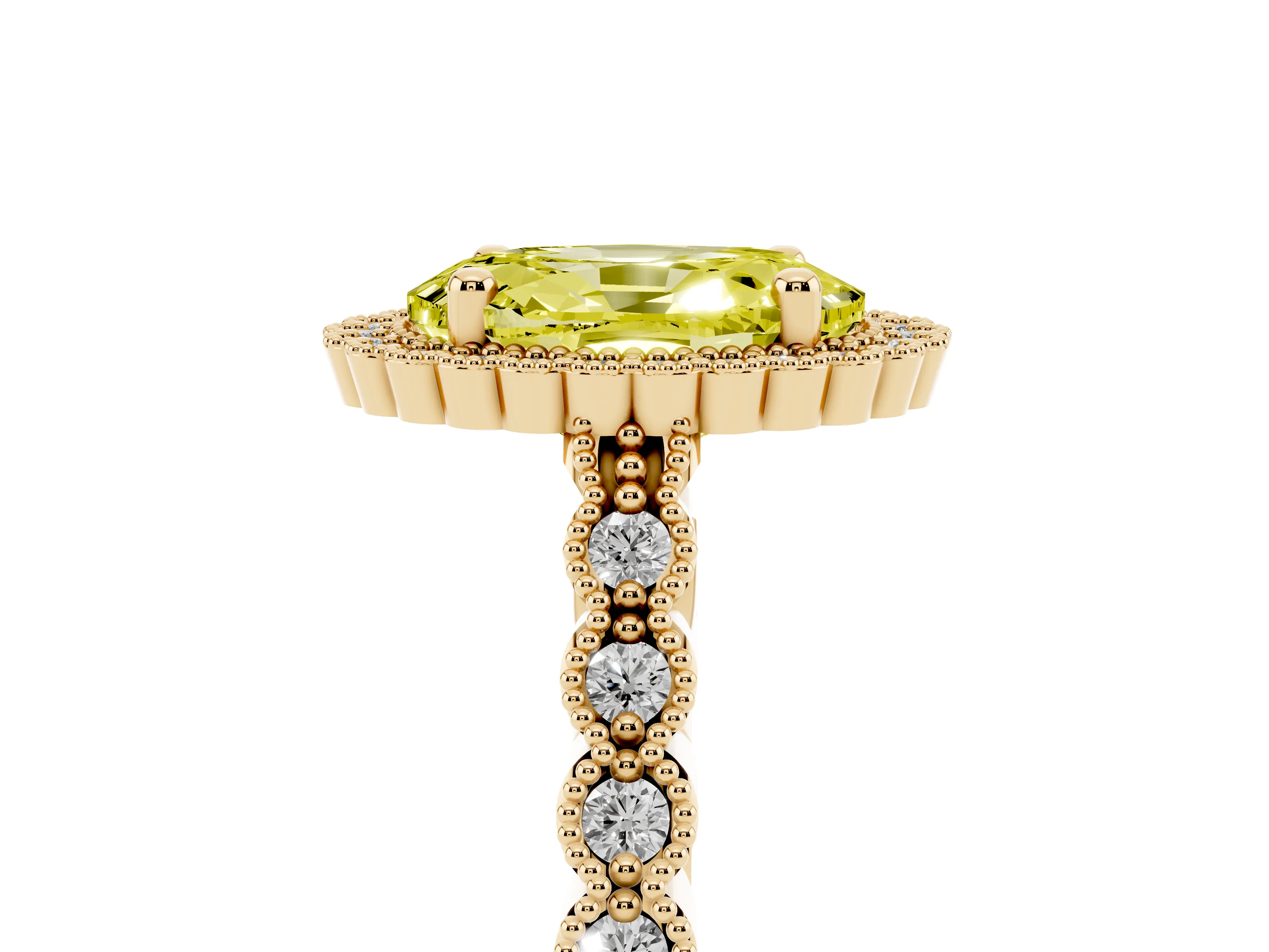 Fancy Yellow Oval Cut Diamond Halo Ring Set in Yellow gold with Pavé Milgrain Band